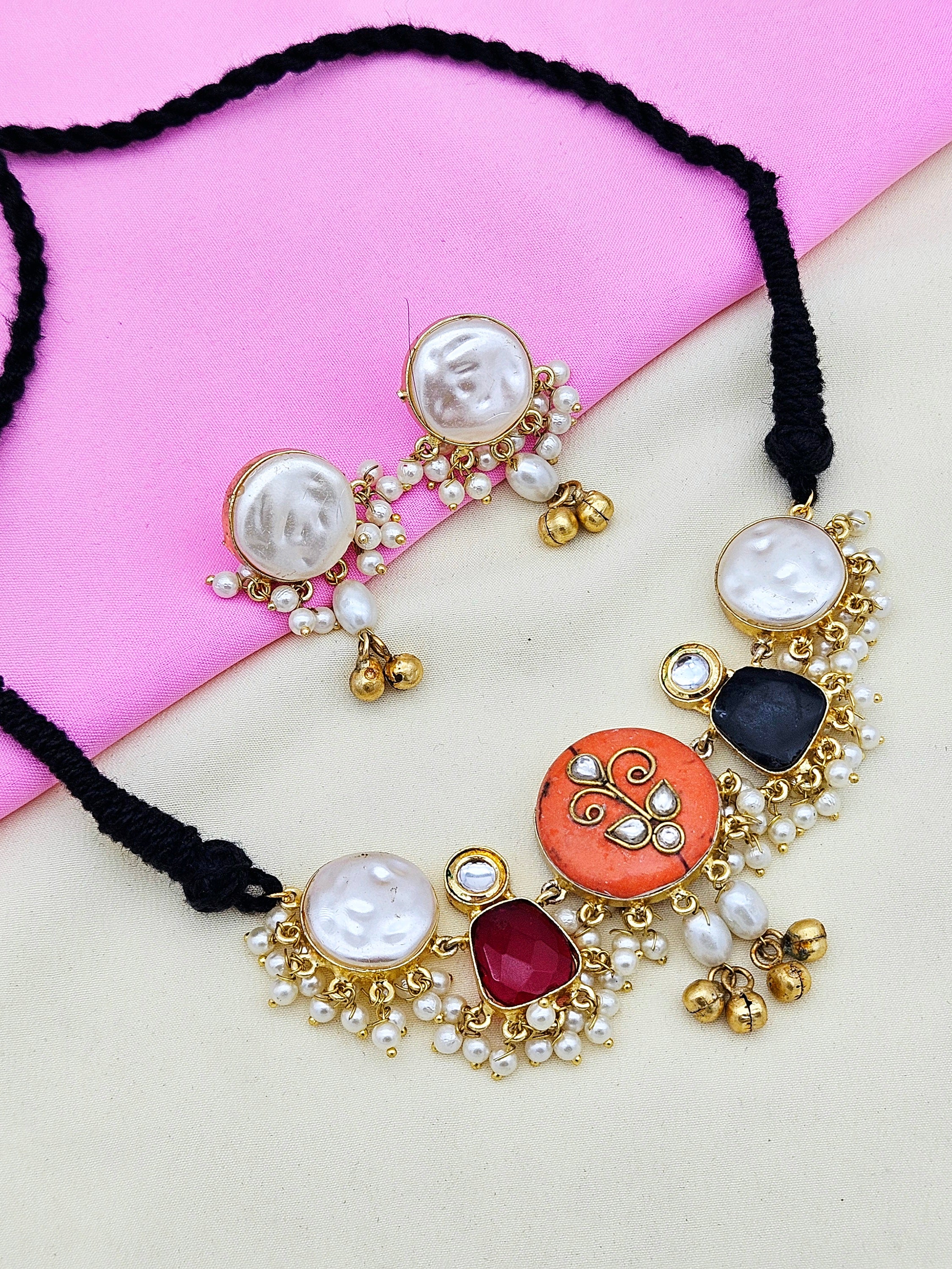 Antique Gold Plated Synthetic Pearl- Coral-Red & Black Color Glass Stone-Faux Kundan Polky Choker Necklace-Earring Set