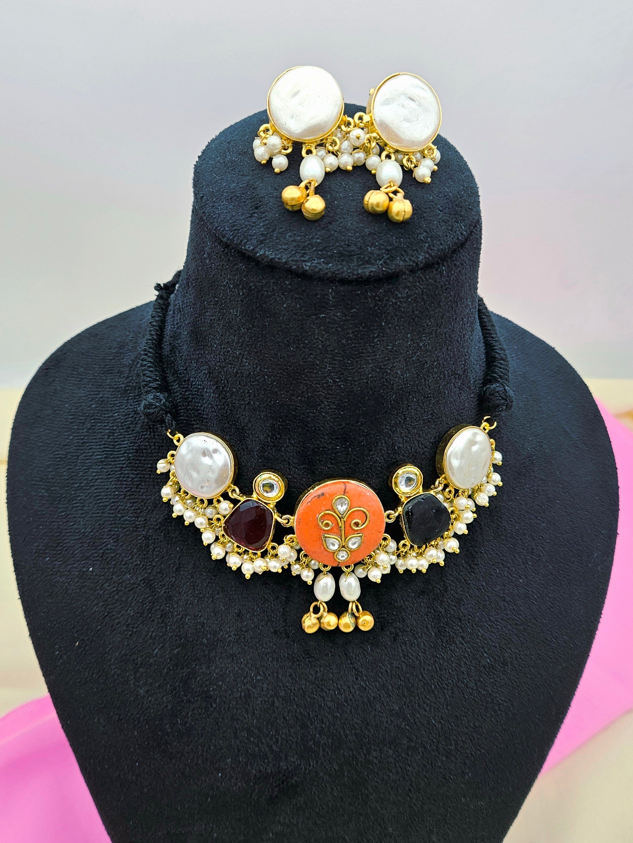 Antique Gold Plated Synthetic Pearl- Coral-Red & Black Color Glass Stone-Faux Kundan Polky Choker Necklace-Earring Set