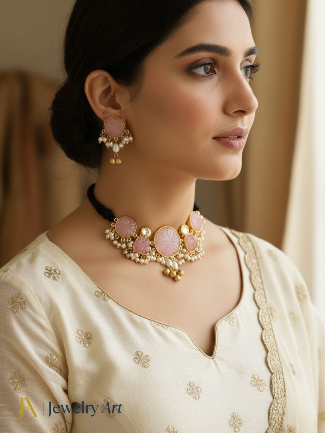 Festive antique gold plated choker necklace with elegant pearl accents
