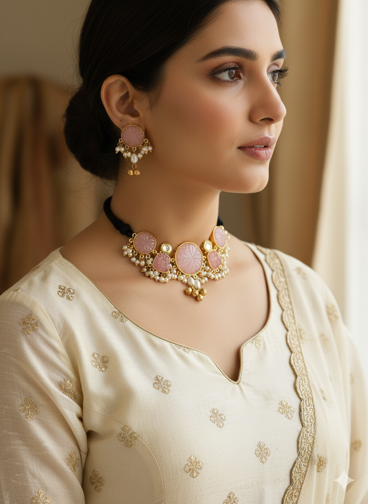Antique Gold Plated Synthetic Pearl- Pink Glass Carving Stone-Faux Kundan Polky Choker Necklace-Earring Set