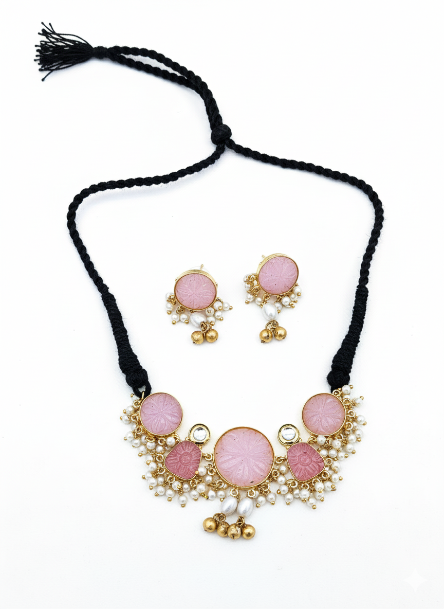 Antique Gold Plated Synthetic Pearl- Pink Glass Carving Stone-Faux Kundan Polky Choker Necklace-Earring Set