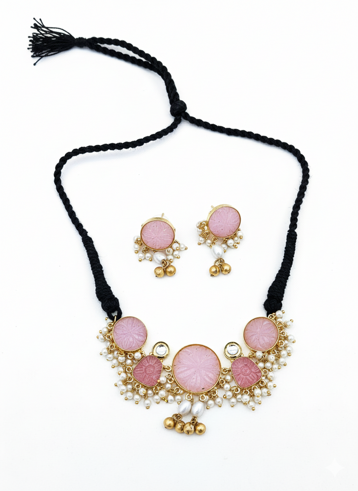 Antique Gold Plated Synthetic Pearl- Pink Glass Carving Stone-Faux Kundan Polky Choker Necklace-Earring Set