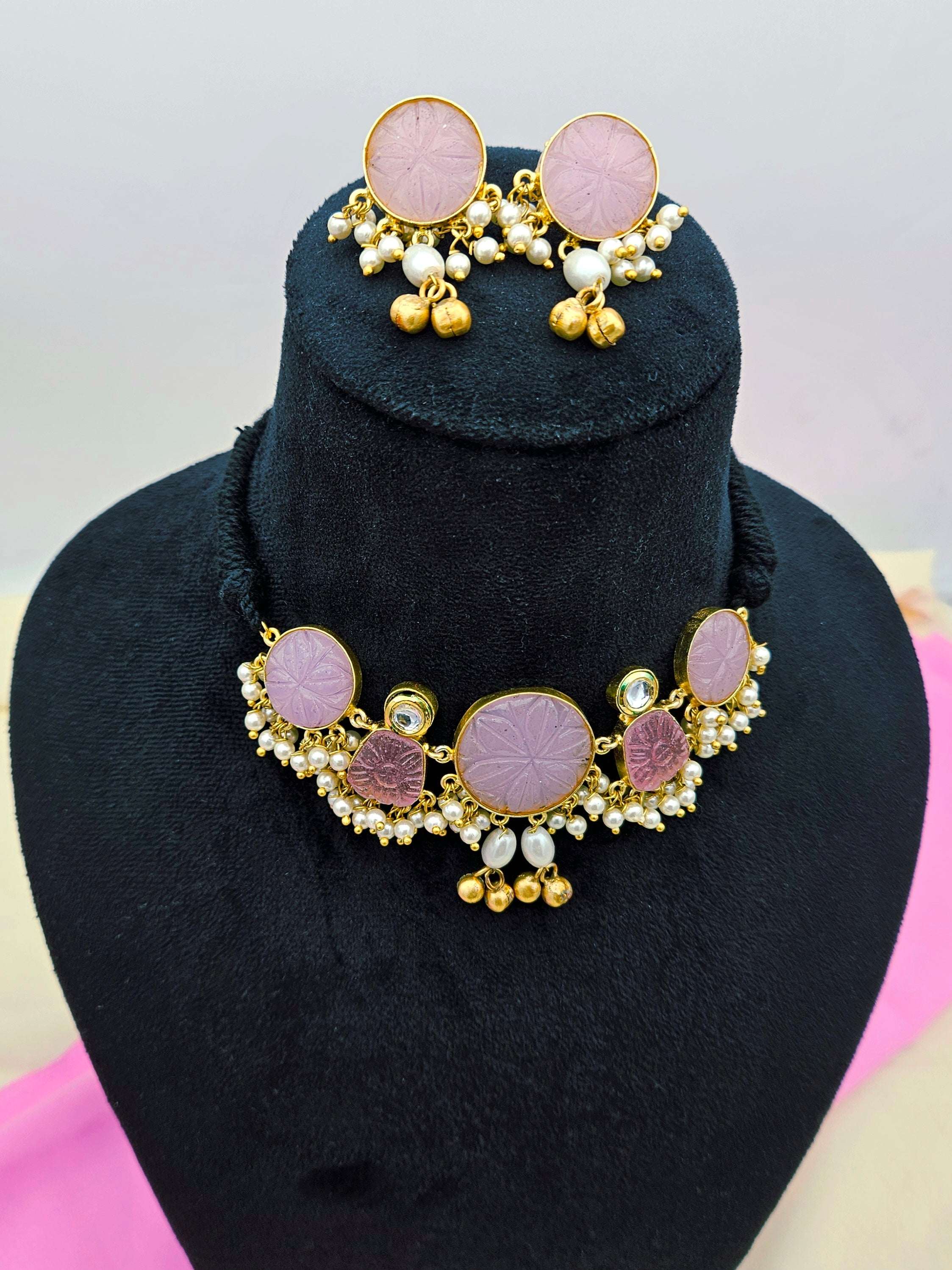 Antique Gold Plated Synthetic Pearl- Pink Glass Carving Stone-Faux Kundan Polky Choker Necklace-Earring Set