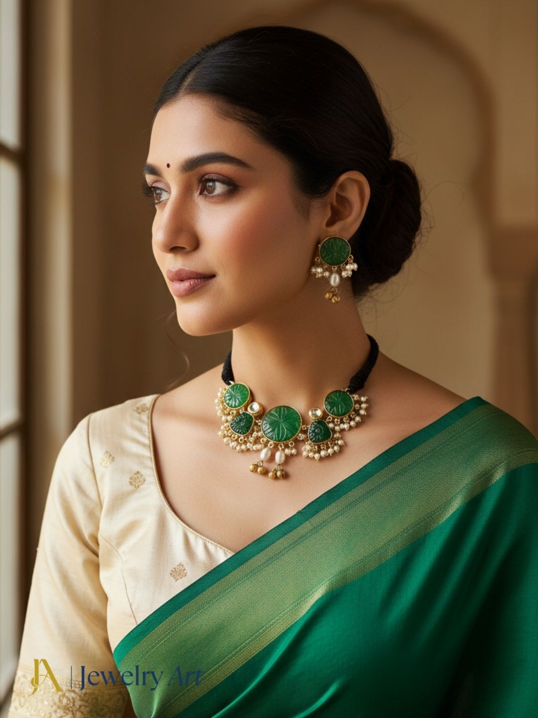 Stylish antique gold choker jewelry set with green carving stone design
