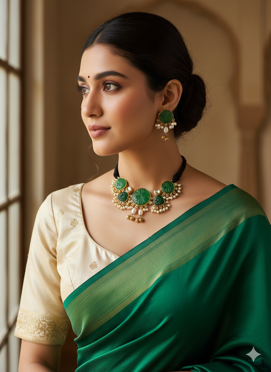 Antique Gold Plated Synthetic Pearl-Green Glass Carving Stone-Faux Kundan Polky Choker Necklace-Earring Set