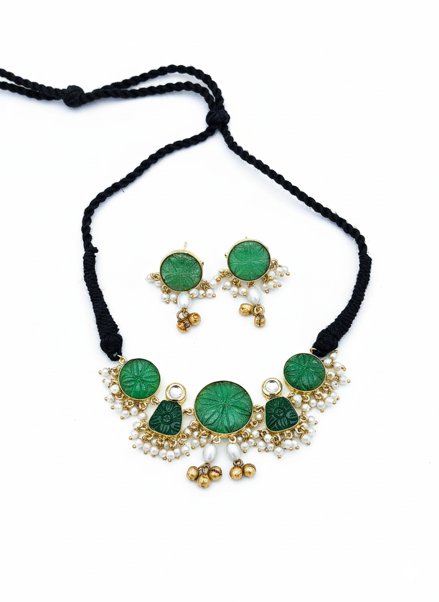 Antique Gold Plated Synthetic Pearl-Green Glass Carving Stone-Faux Kundan Polky Choker Necklace-Earring Set