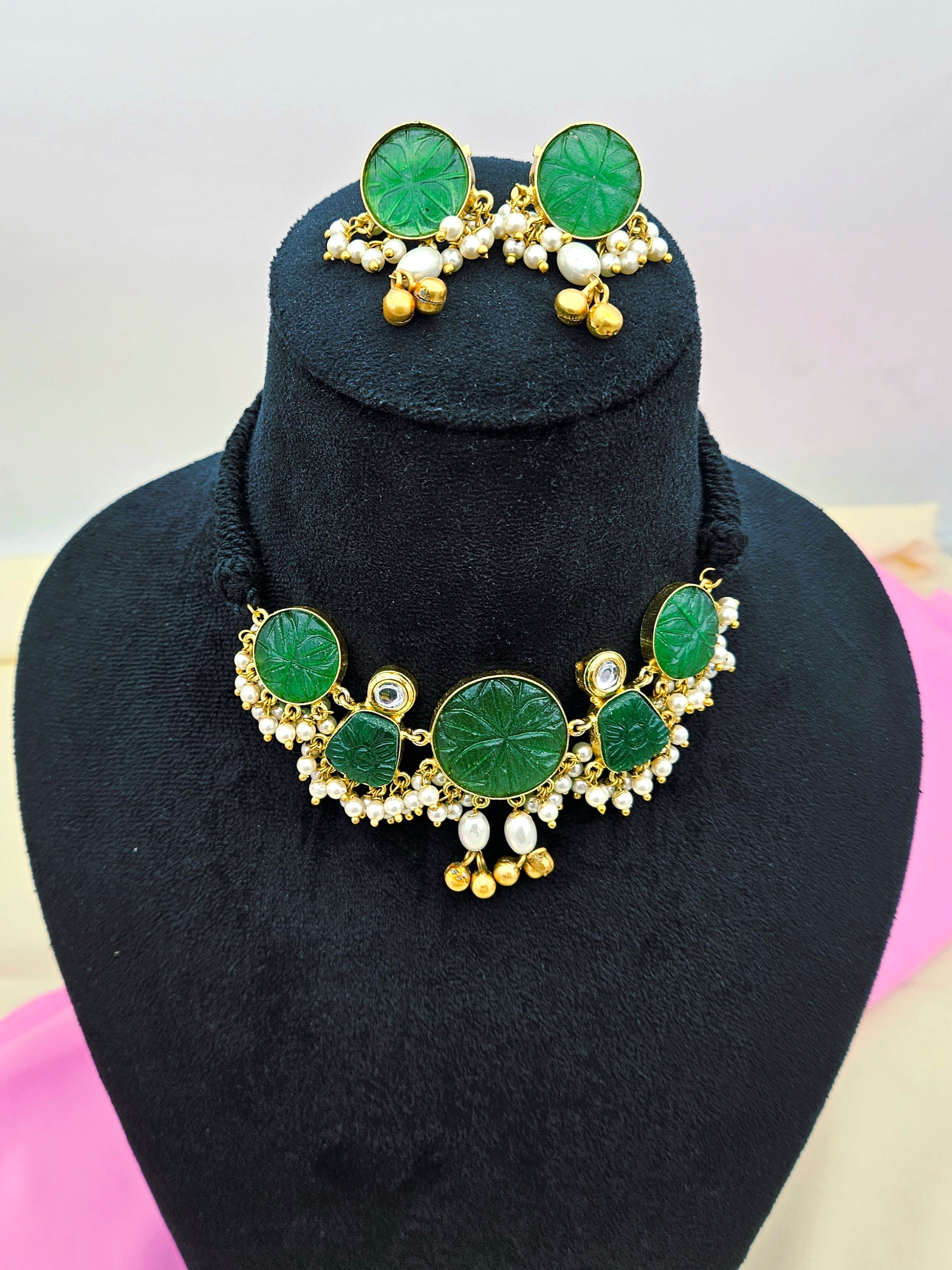 Antique Gold Plated Synthetic Pearl-Green Glass Carving Stone-Faux Kundan Polky Choker Necklace-Earring Set
