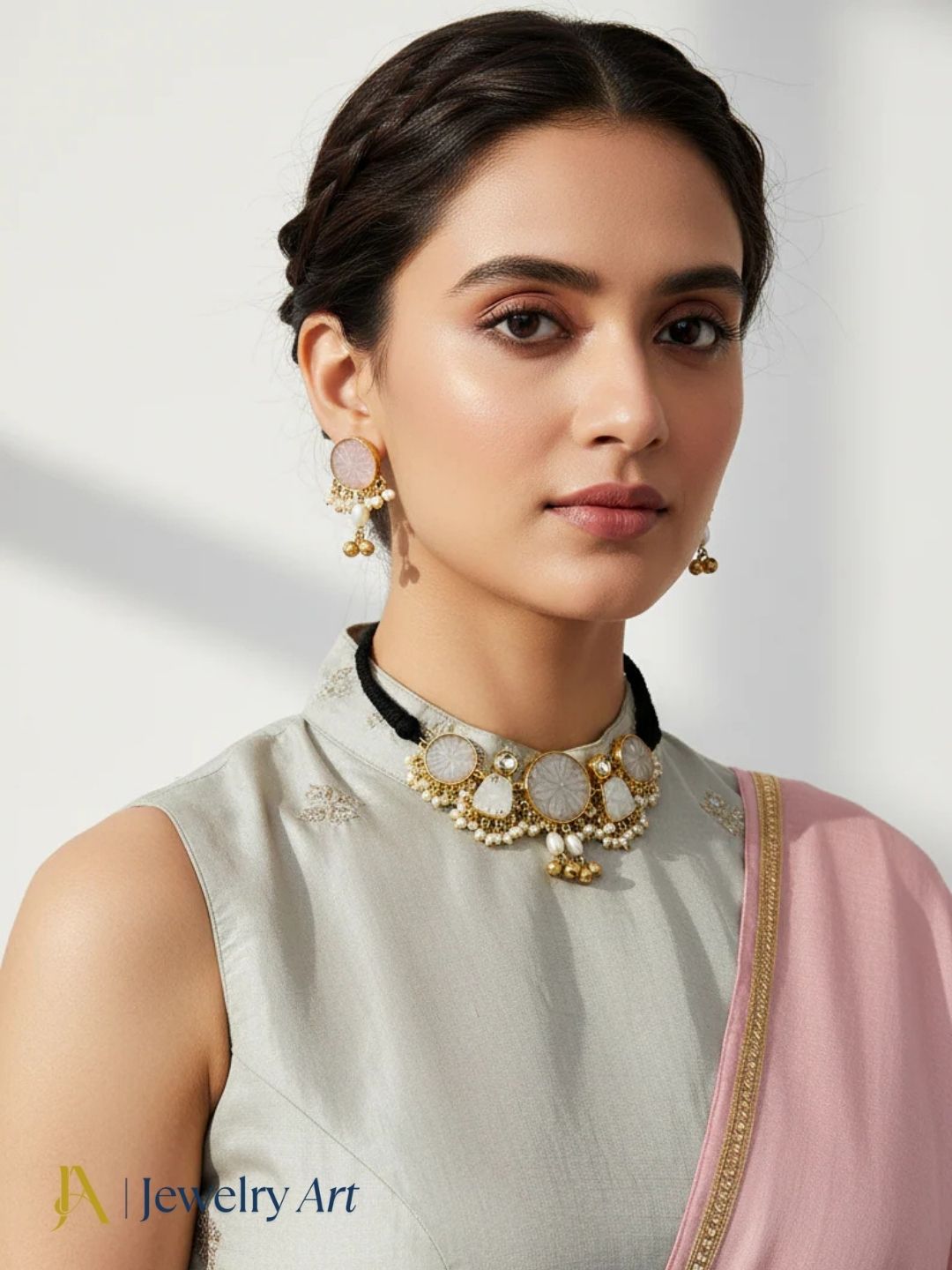 Designer choker necklace earring set with off white glass carving stones and pearl detailing
