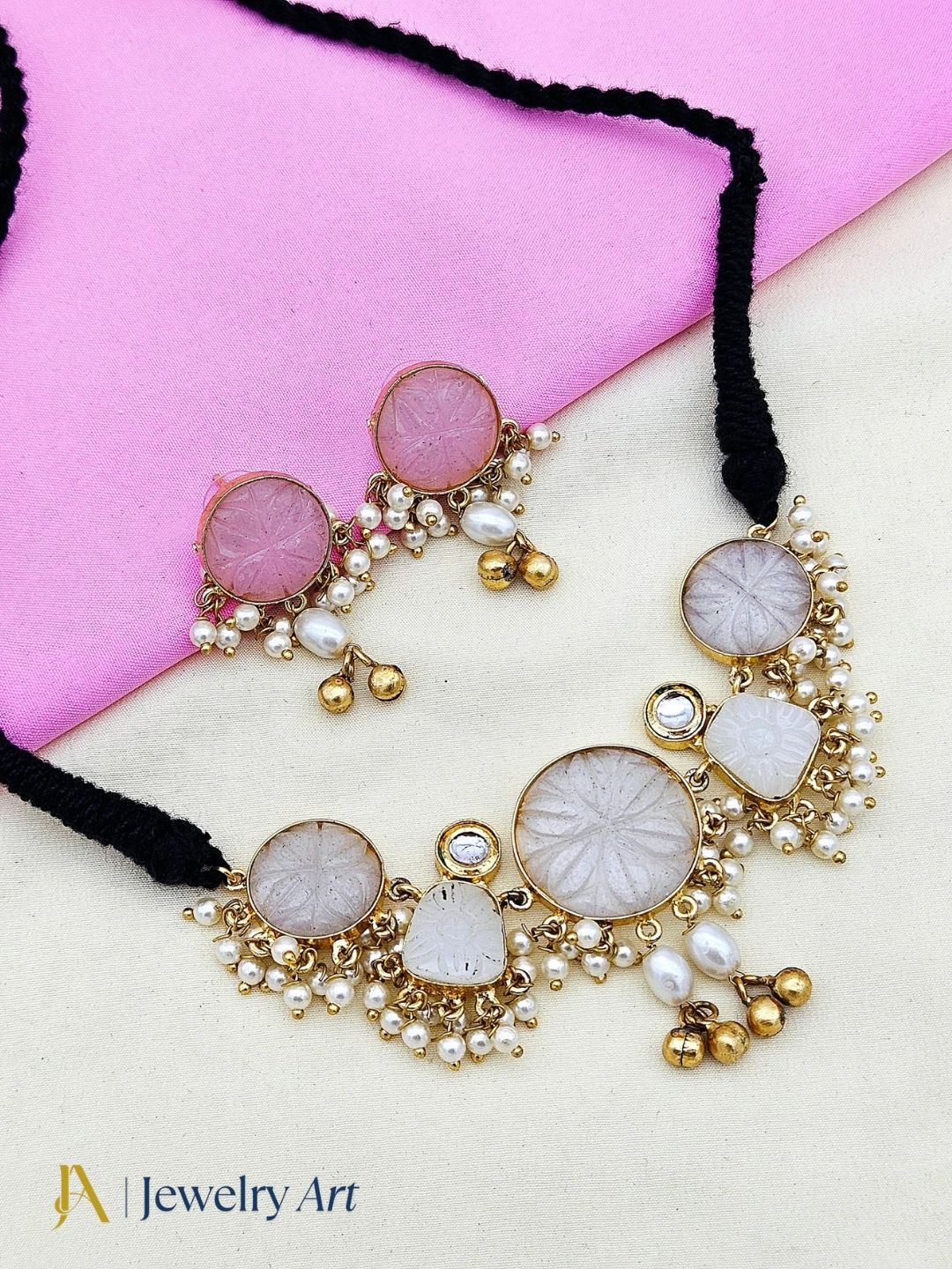 Designer choker necklace earring set with off white glass carving stones and pearl detailing

