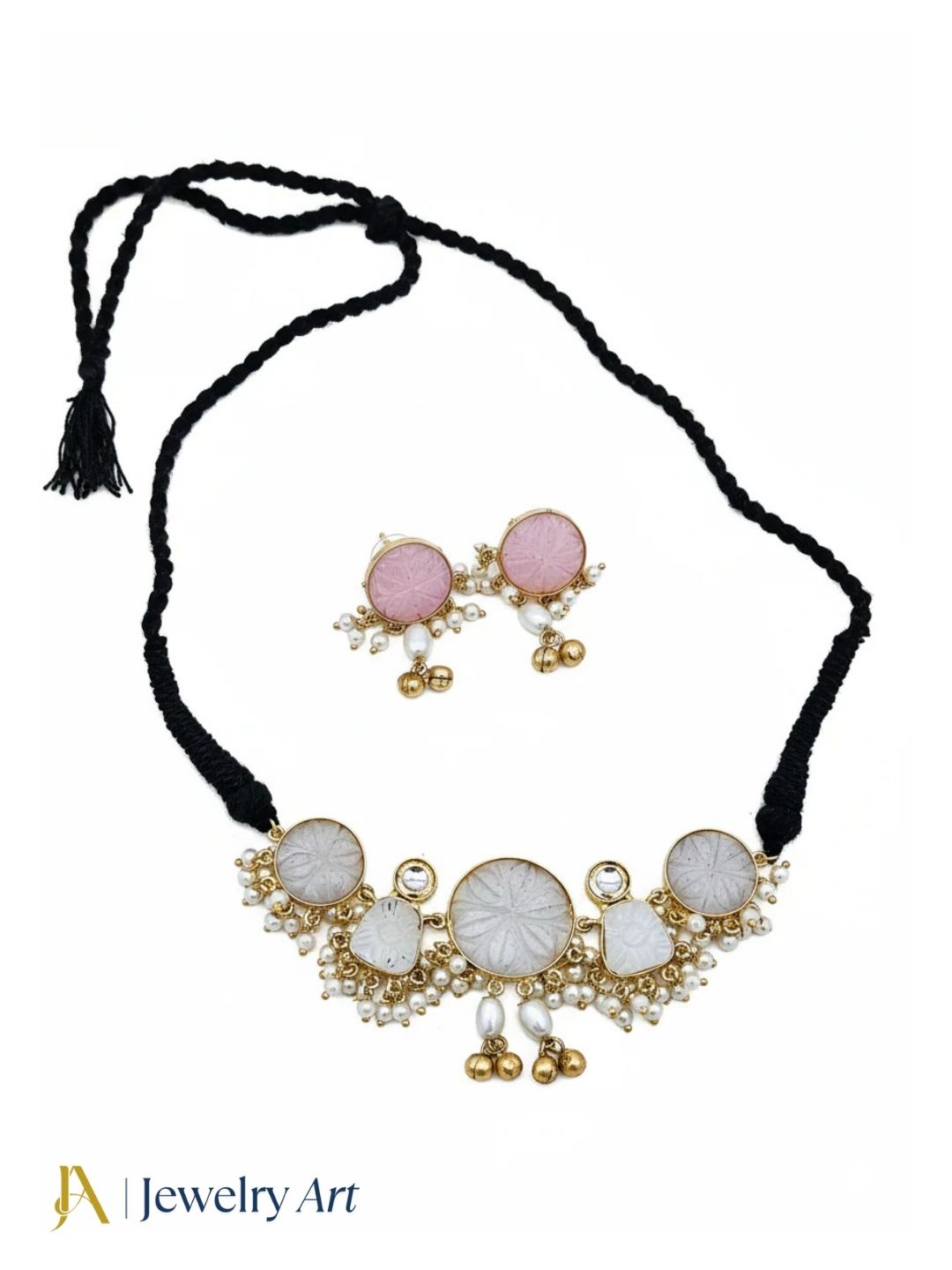 Designer choker necklace earring set with off white glass carving stones and pearl detailing
