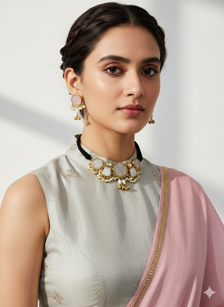 Antique Gold Plated Synthetic Pearl-Off-white Glass Carving Stone-Faux Kundan Polky Choker Necklace-Earring Set