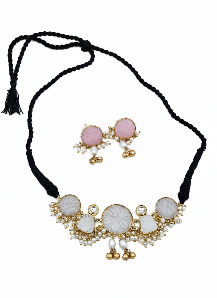 Antique Gold Plated Synthetic Pearl-Off-white Glass Carving Stone-Faux Kundan Polky Choker Necklace-Earring Set