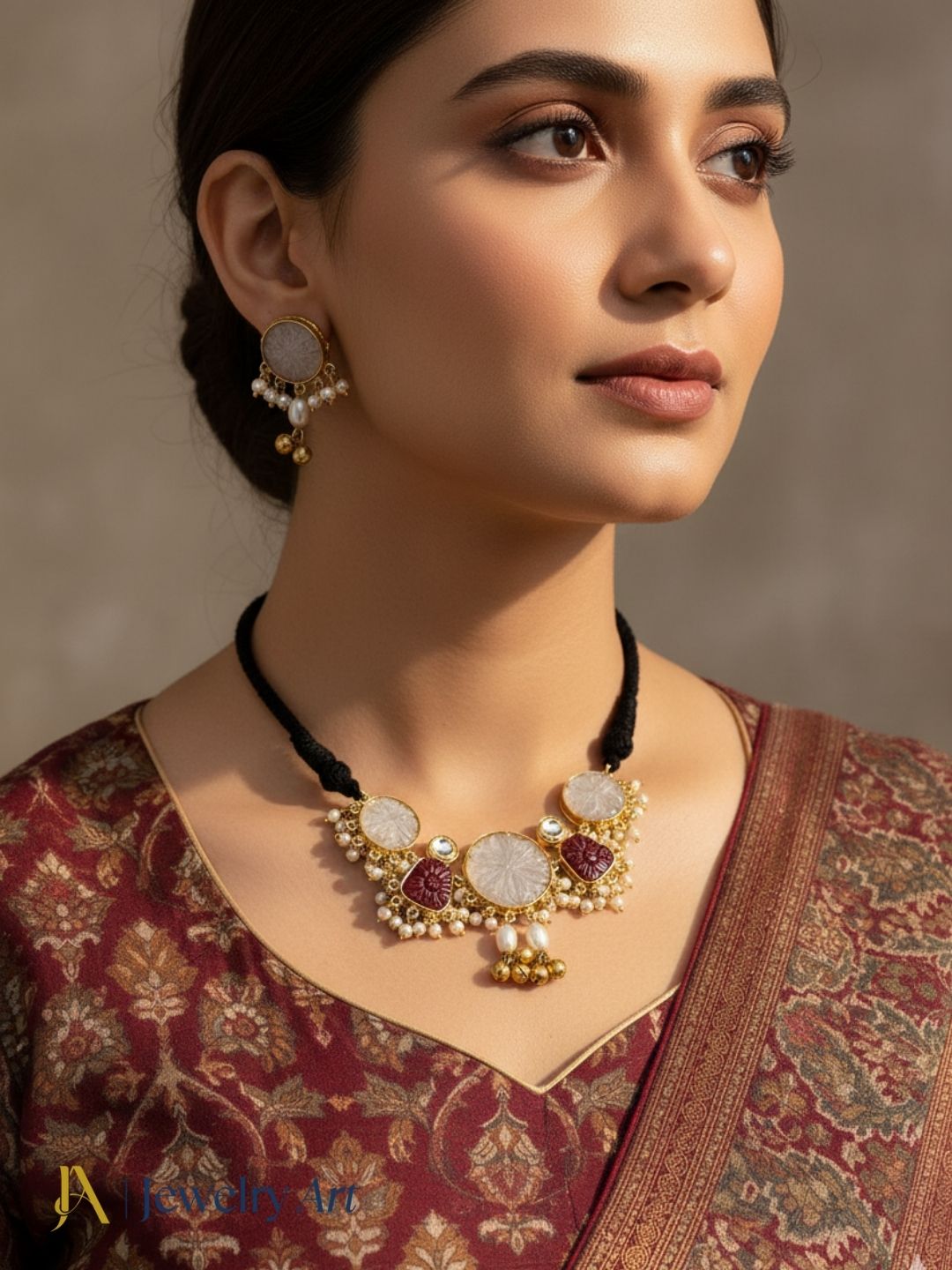 Antique gold plated necklace set with synthetic pearls red glass stones and polky work
