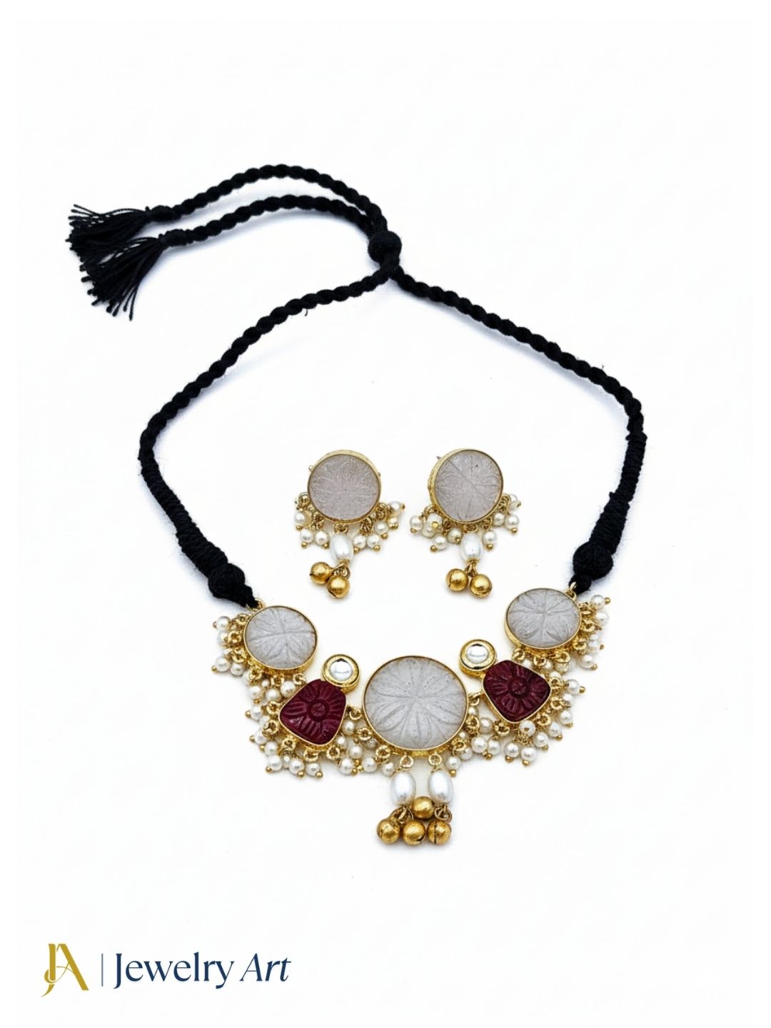 Antique gold plated necklace set with synthetic pearls red glass stones and polky work
