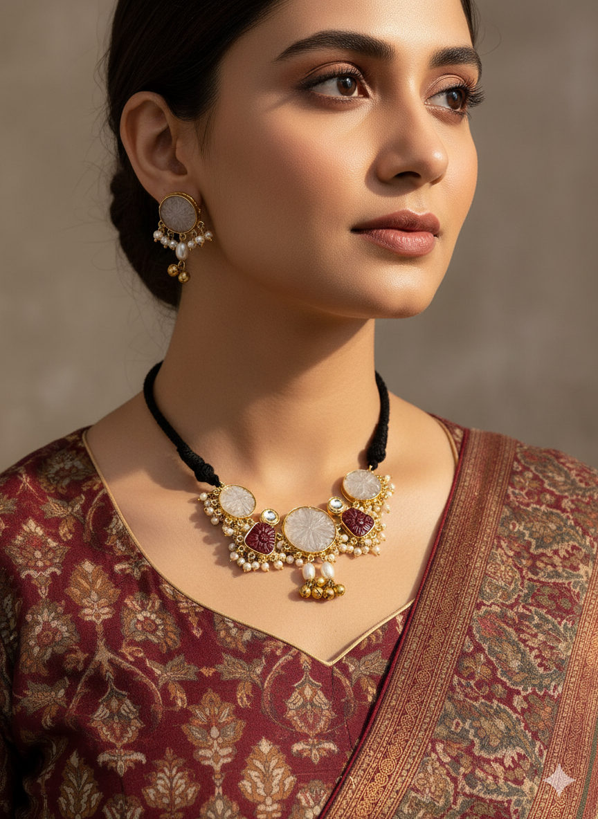 Antique Gold Plated  Synthetic Pearl-Off-white & Red Glass Carving Stone-Faux Kundan Polky Choker Necklace-Earring Set