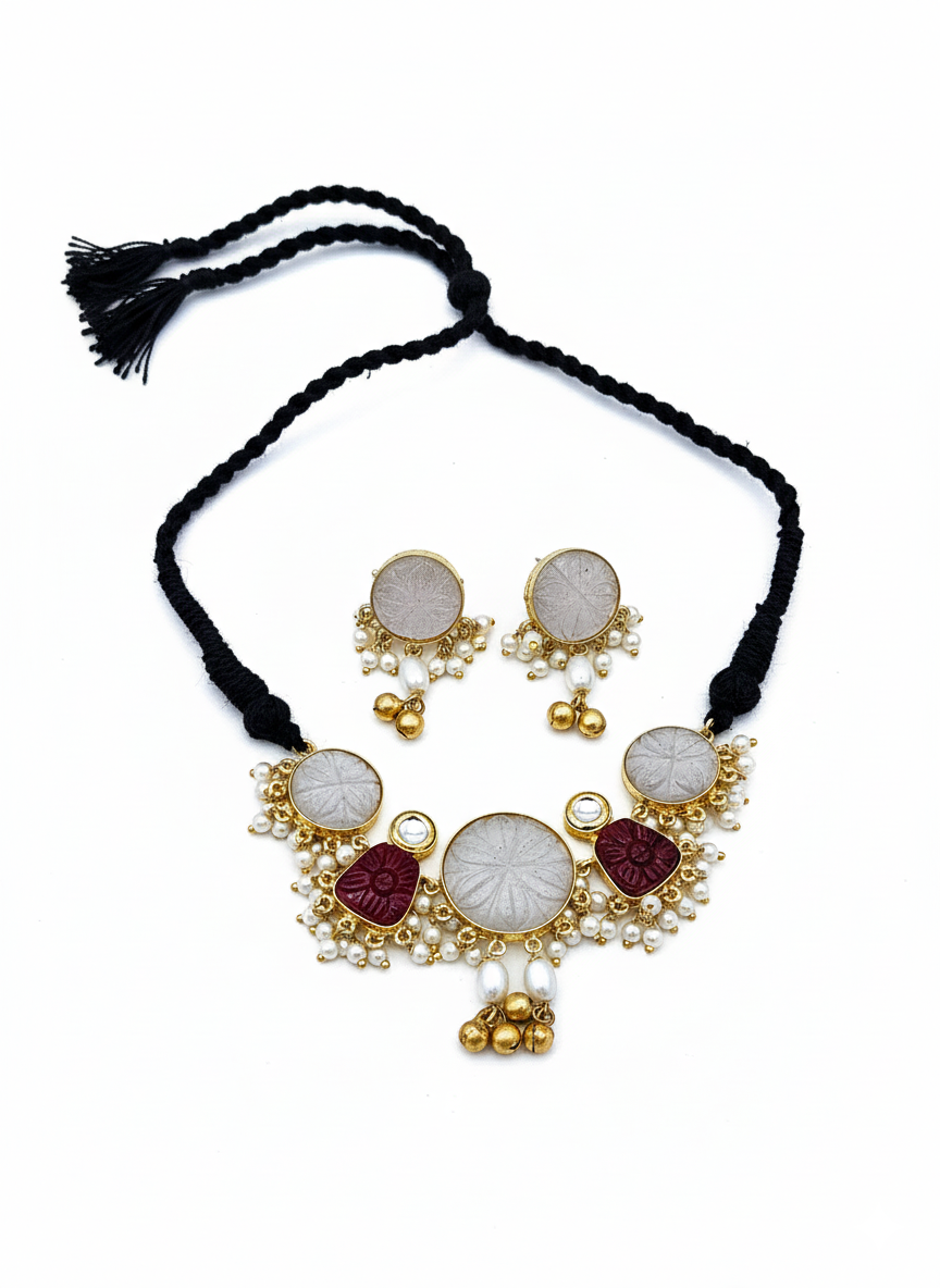 Antique Gold Plated  Synthetic Pearl-Off-white & Red Glass Carving Stone-Faux Kundan Polky Choker Necklace-Earring Set