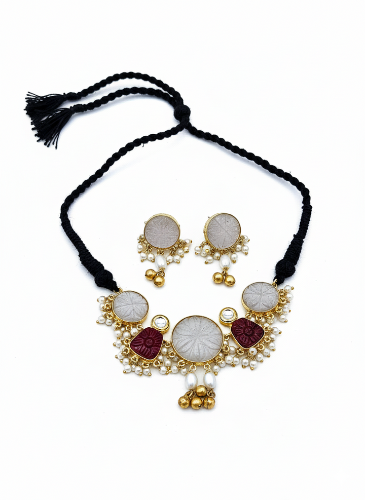 Antique Gold Plated  Synthetic Pearl-Off-white & Red Glass Carving Stone-Faux Kundan Polky Choker Necklace-Earring Set
