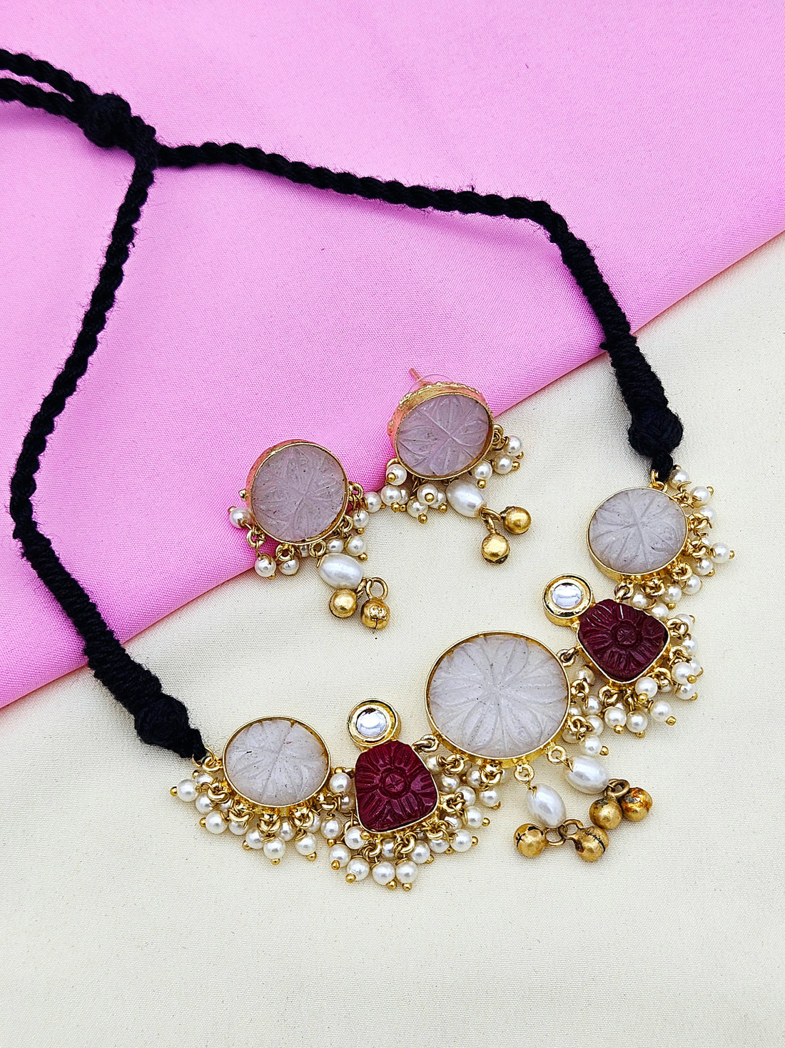 Antique Gold Plated  Synthetic Pearl-Off-white & Red Glass Carving Stone-Faux Kundan Polky Choker Necklace-Earring Set