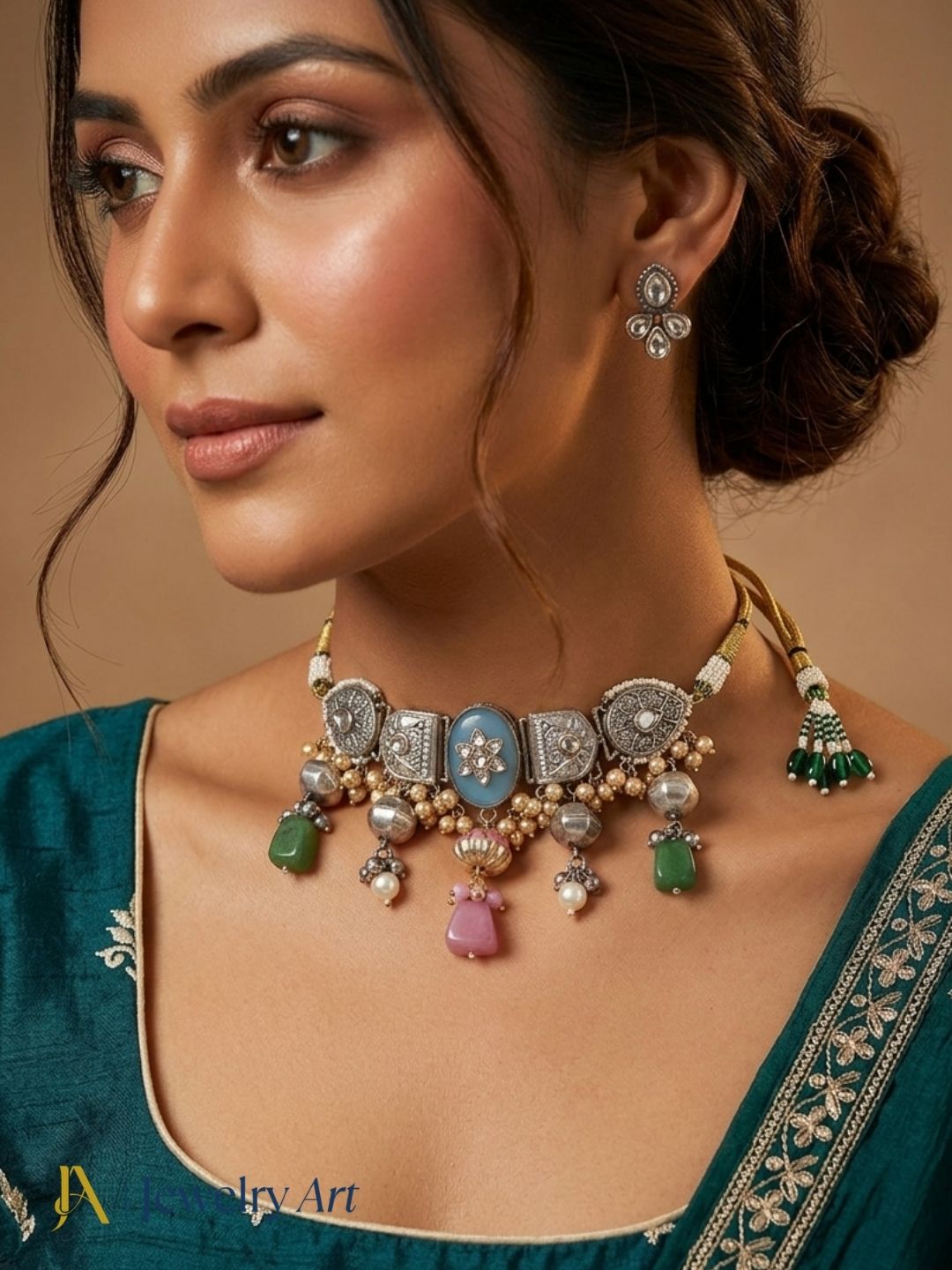 Fashion oxidized silver choker necklace with faux kundan and pearl design
