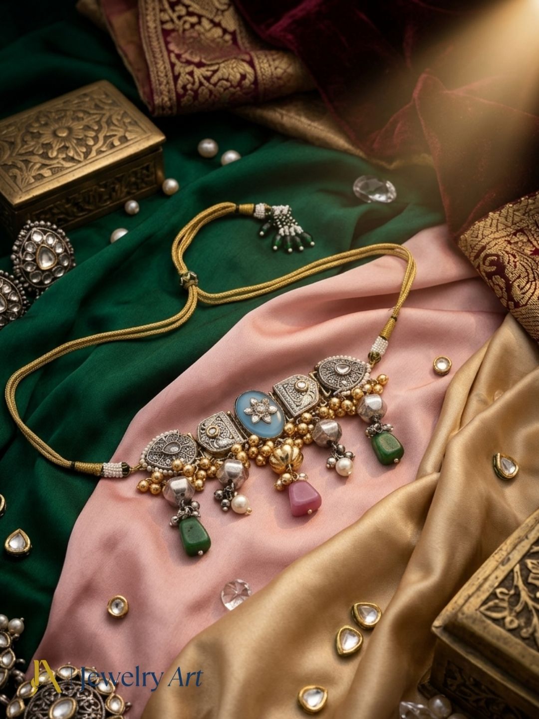 Fashion oxidized silver choker necklace with faux kundan and pearl design
