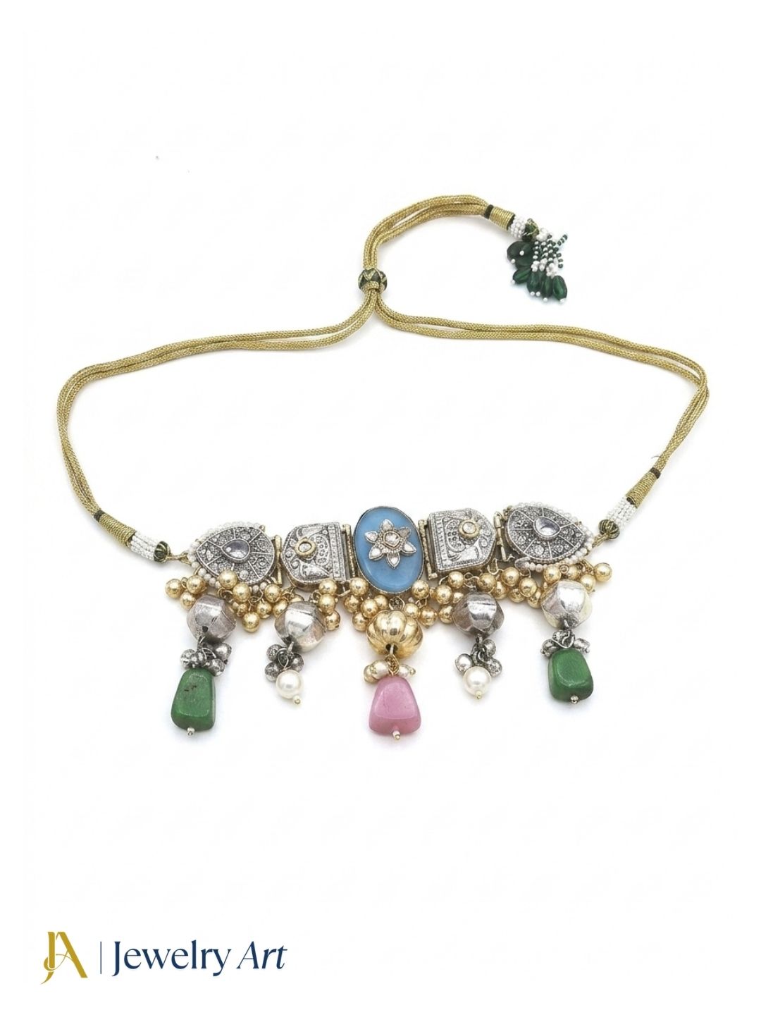 Fashion oxidized silver choker necklace with faux kundan and pearl design
