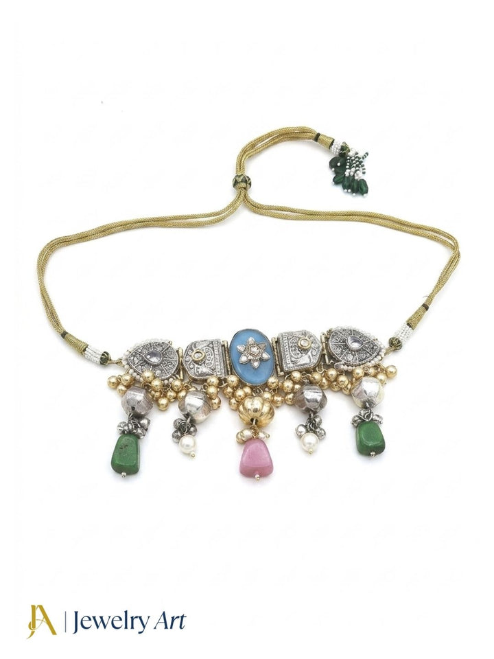 Fashion oxidized silver choker necklace with faux kundan and pearl design
