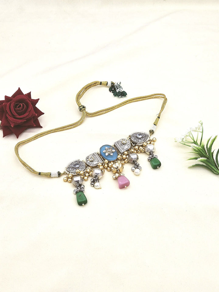 Awesomel Silver Oxidized Faux Kundan Polky Blue-Green & Pink Monalisa Stone-Golden Balls-Pearl Choker Necklace