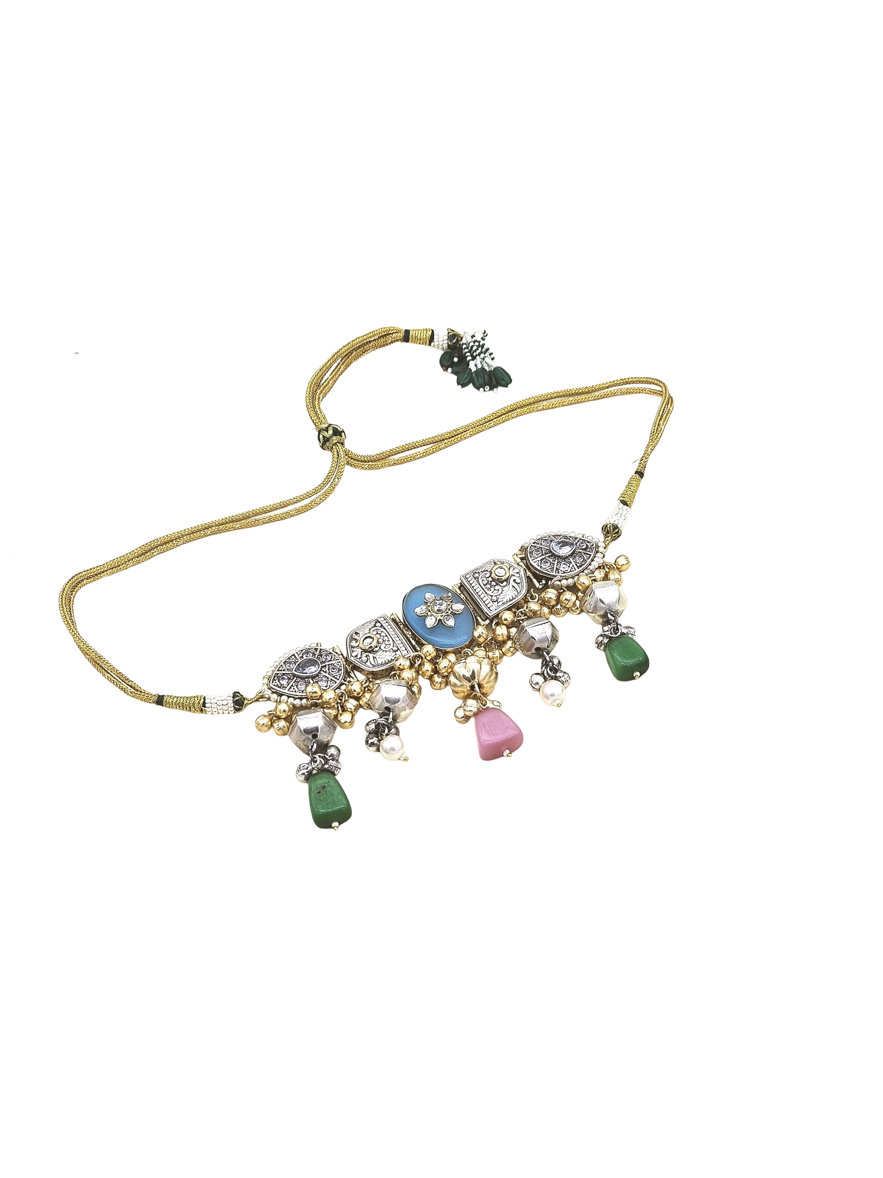 Awesomel Silver Oxidized Faux Kundan Polky Blue-Green & Pink Monalisa Stone-Golden Balls-Pearl Choker Necklace
