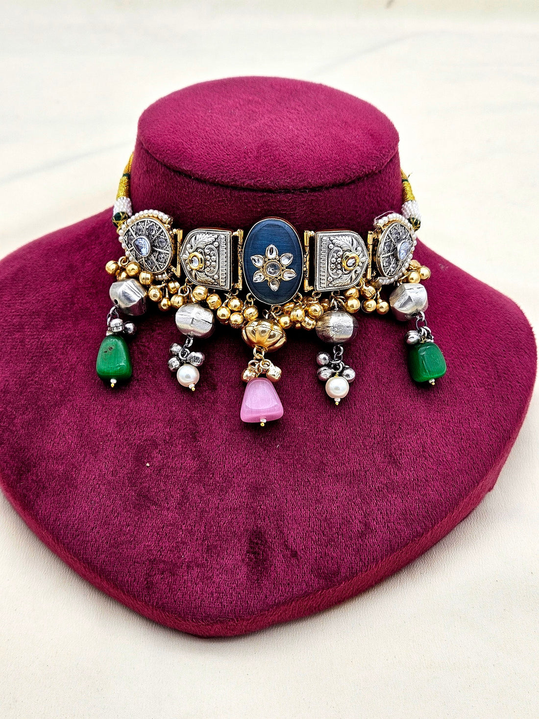 Awesomel Silver Oxidized Faux Kundan Polky Blue-Green & Pink Monalisa Stone-Golden Balls-Pearl Choker Necklace