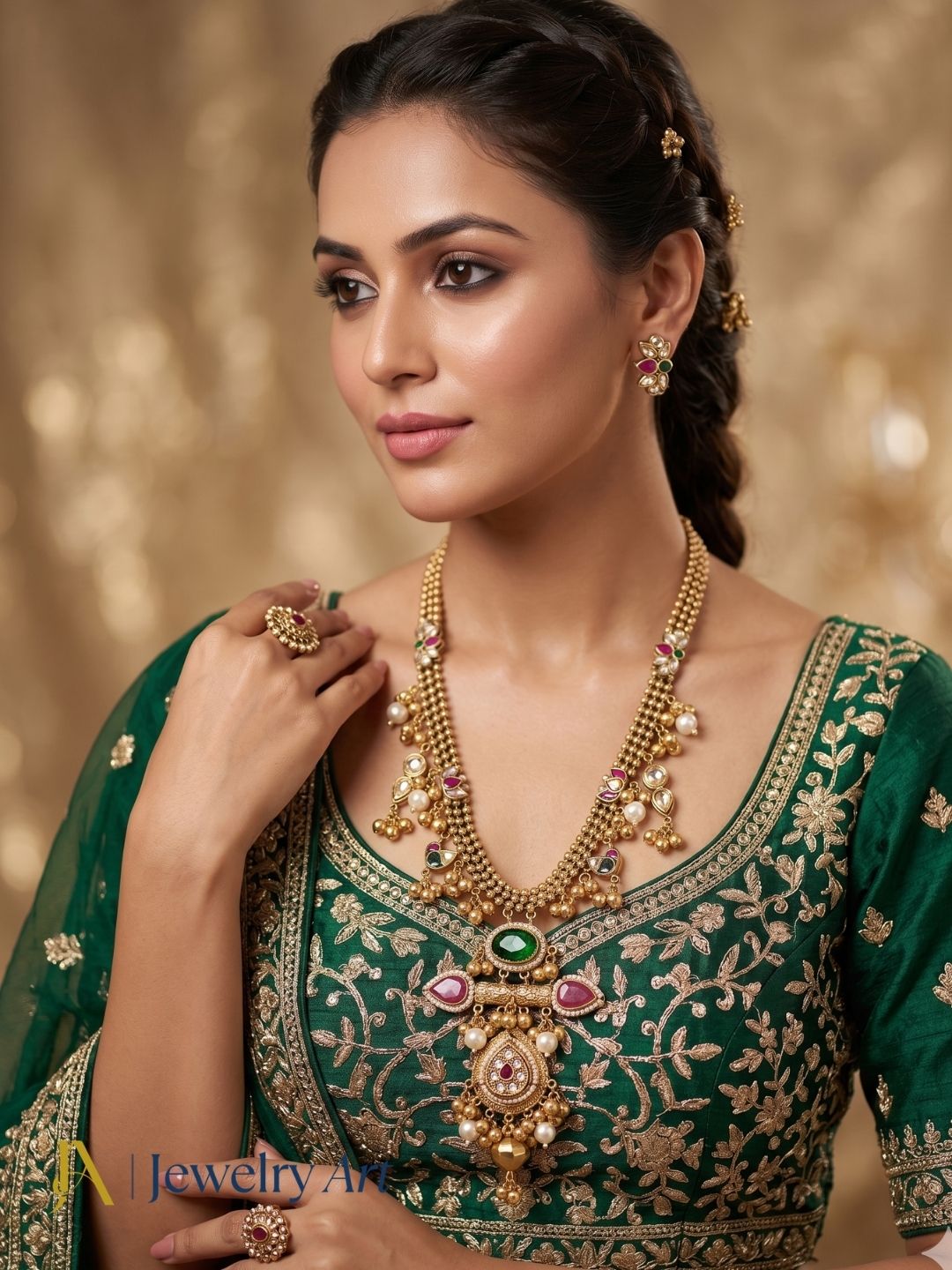  Artistic antique gold statement necklace with designer motifs and colorful glass stone craftsmanship
