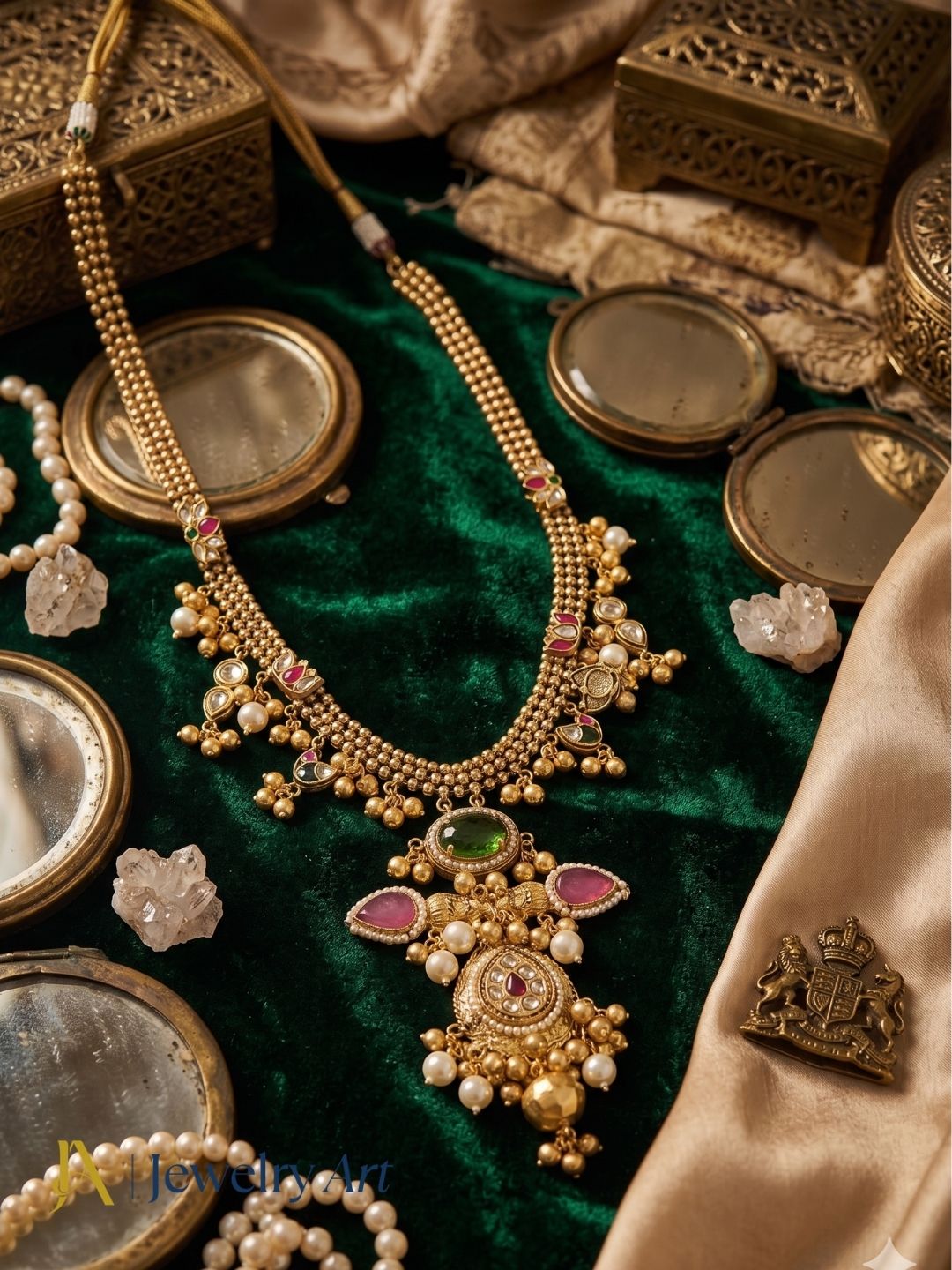  Artistic antique gold statement necklace with designer motifs and colorful glass stone craftsmanship
