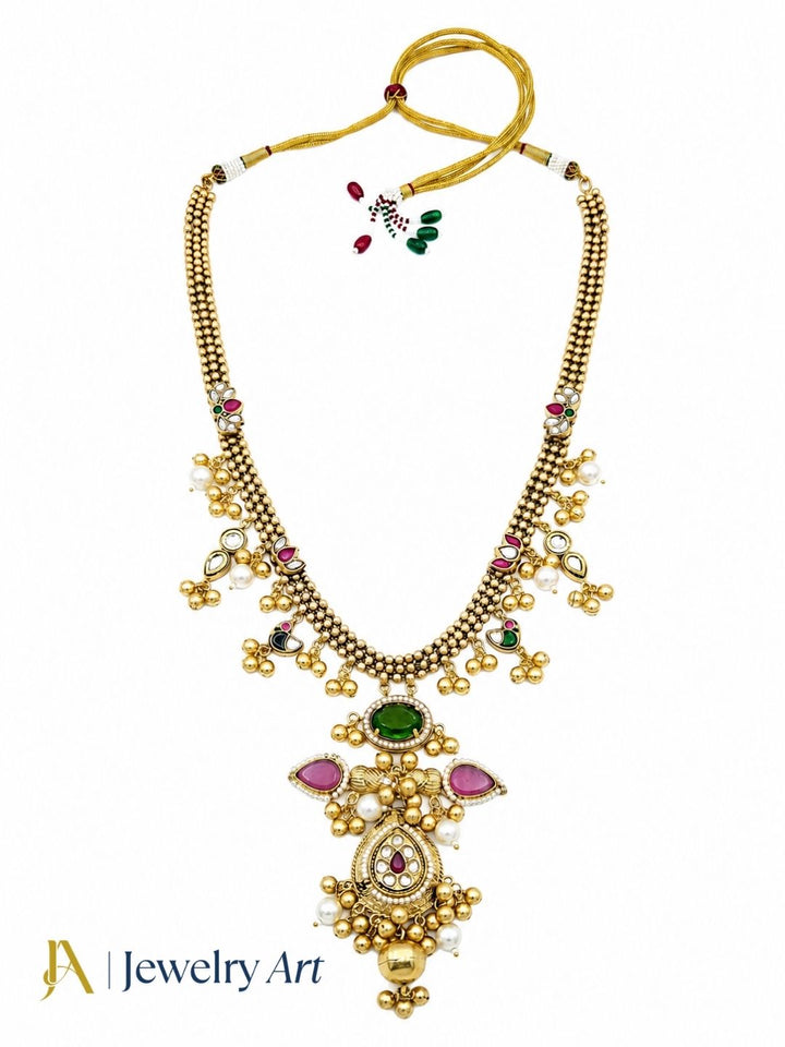  Artistic antique gold statement necklace with designer motifs and colorful glass stone craftsmanship
