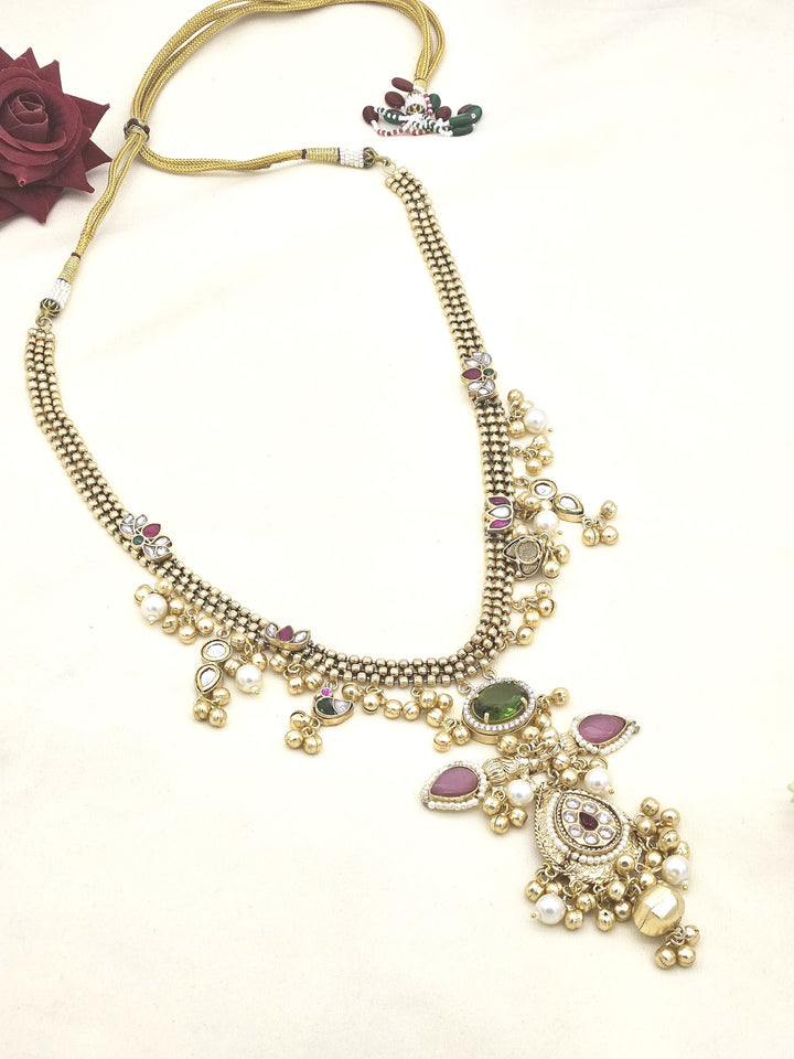 Amazing Antique Gold Faux Kundan Polky Green-Pink Glass Stone with Designer Motif-Long Statement Necklace