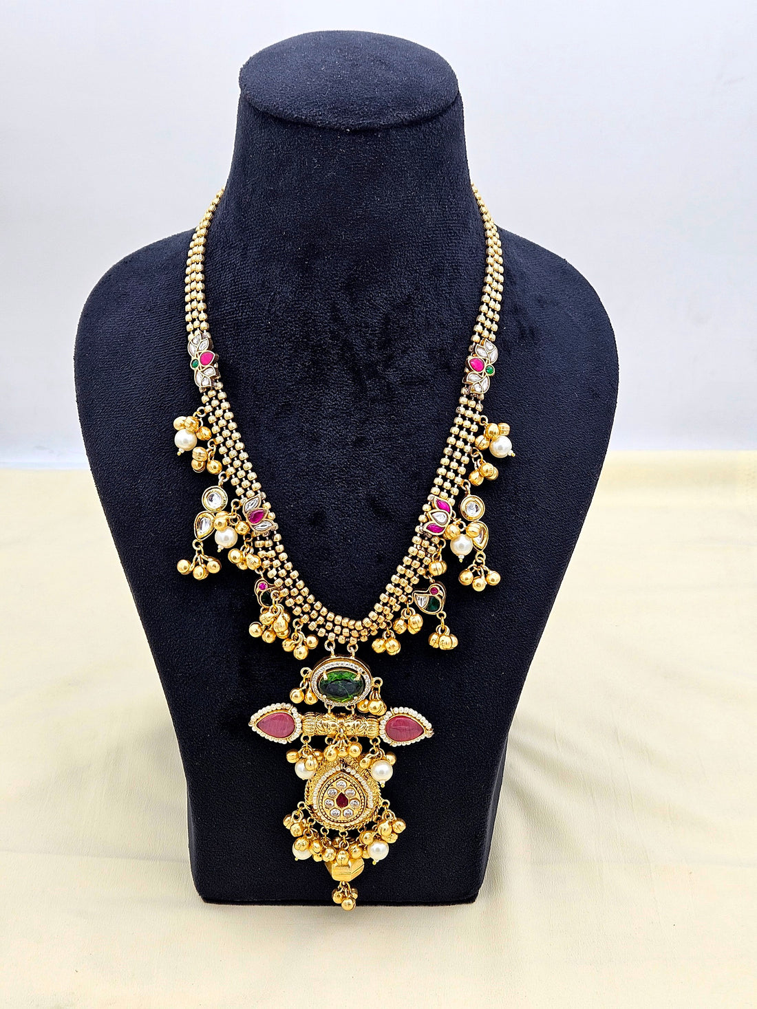 Amazing Antique Gold Faux Kundan Polky Green-Pink Glass Stone with Designer Motif-Long Statement Necklace