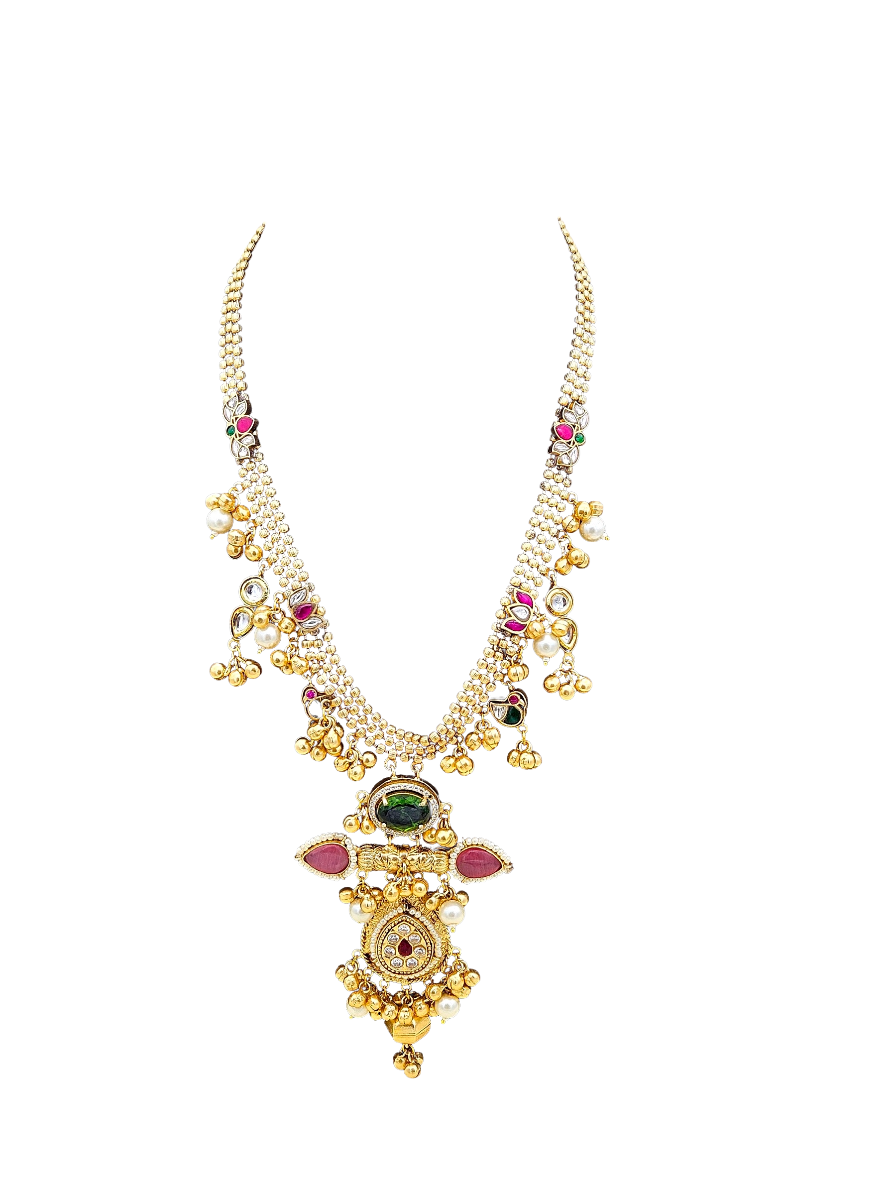 Amazing Antique Gold Faux Kundan Polky Green-Pink Glass Stone with Designer Motif-Long Statement Necklace