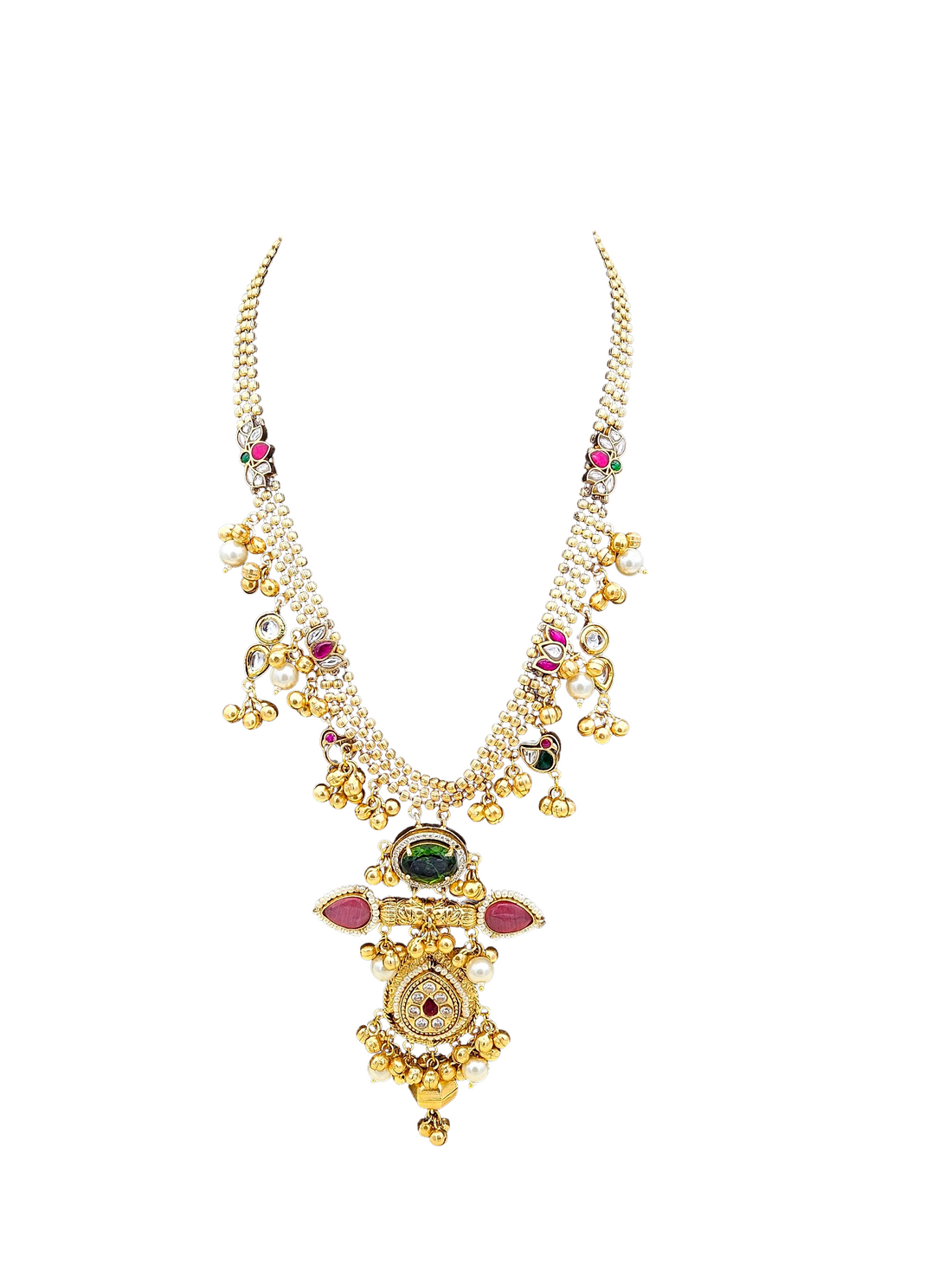 Amazing Antique Gold Faux Kundan Polky Green-Pink Glass Stone with Designer Motif-Long Statement Necklace