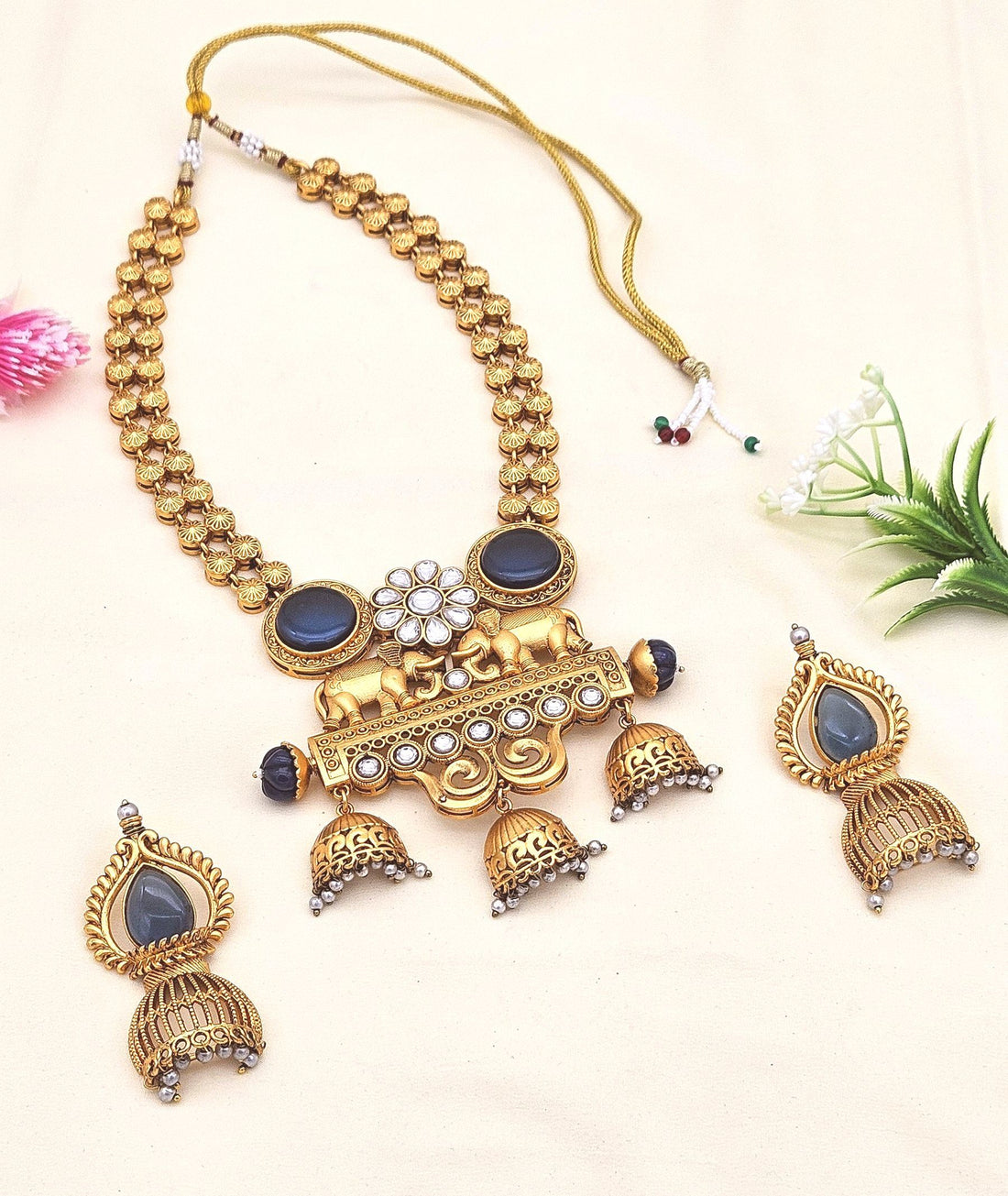 Antique gold plated Polki necklace set with blue Monalisa stones, glass pearls, and matching earrings

