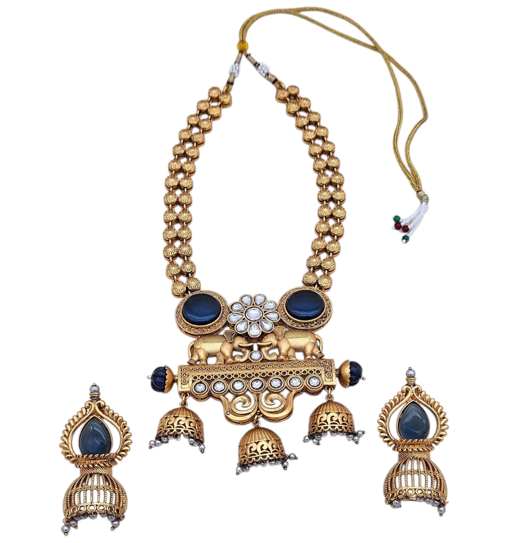 Designer antique gold necklace and earring set featuring Polki, blue Monalisa, and pearl accents
