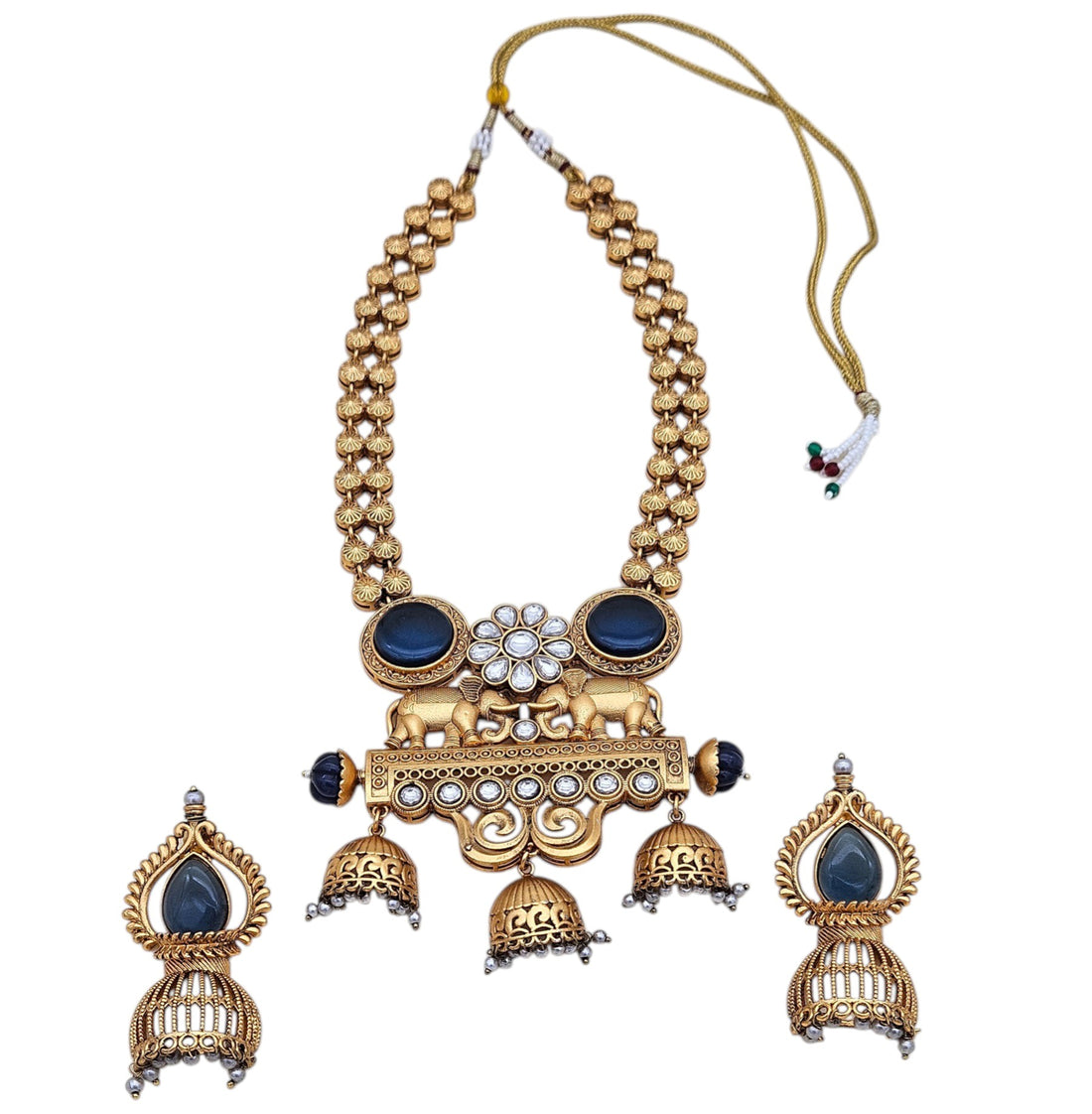 Designer antique gold necklace and earring set featuring Polki, blue Monalisa, and pearl accents

