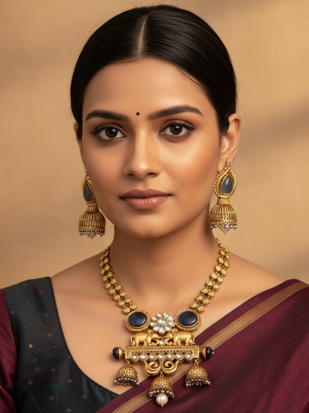 Gorgeous Antique Gold plated Synthetic Polki-Blue Monalisa-Glass Pearl Statement Necklace-Ewarring Set