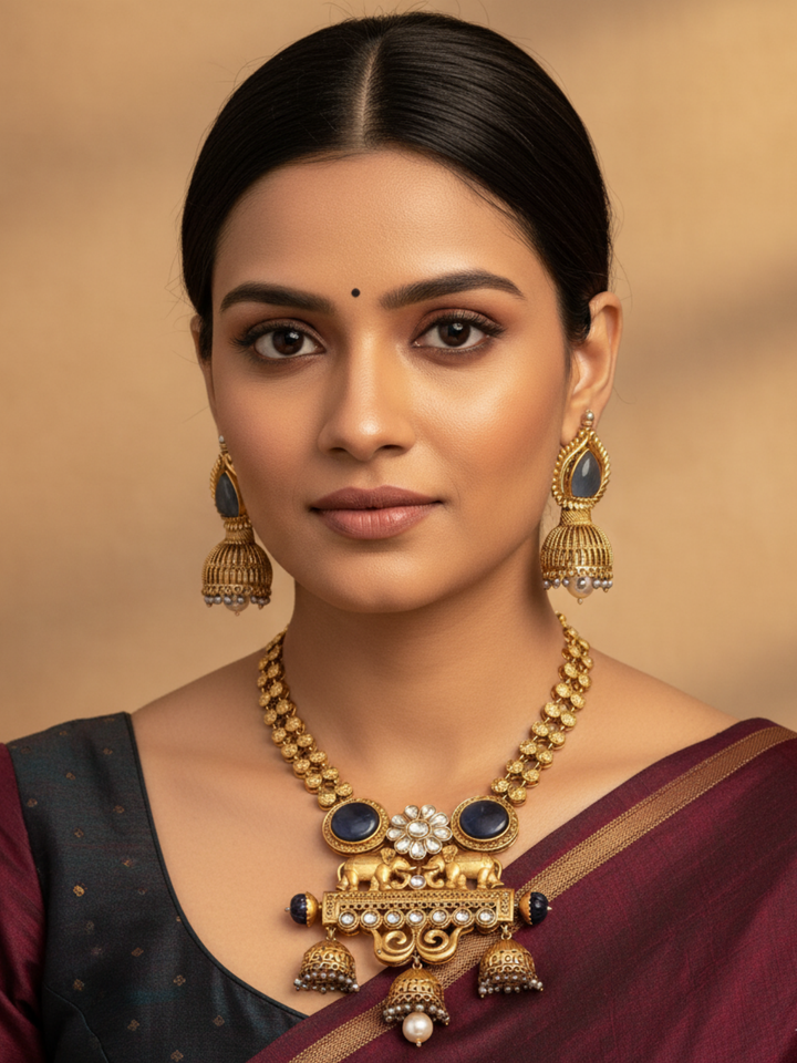 Gorgeous Antique Gold plated Synthetic Polki-Blue Monalisa-Glass Pearl Statement Necklace-Ewarring Set