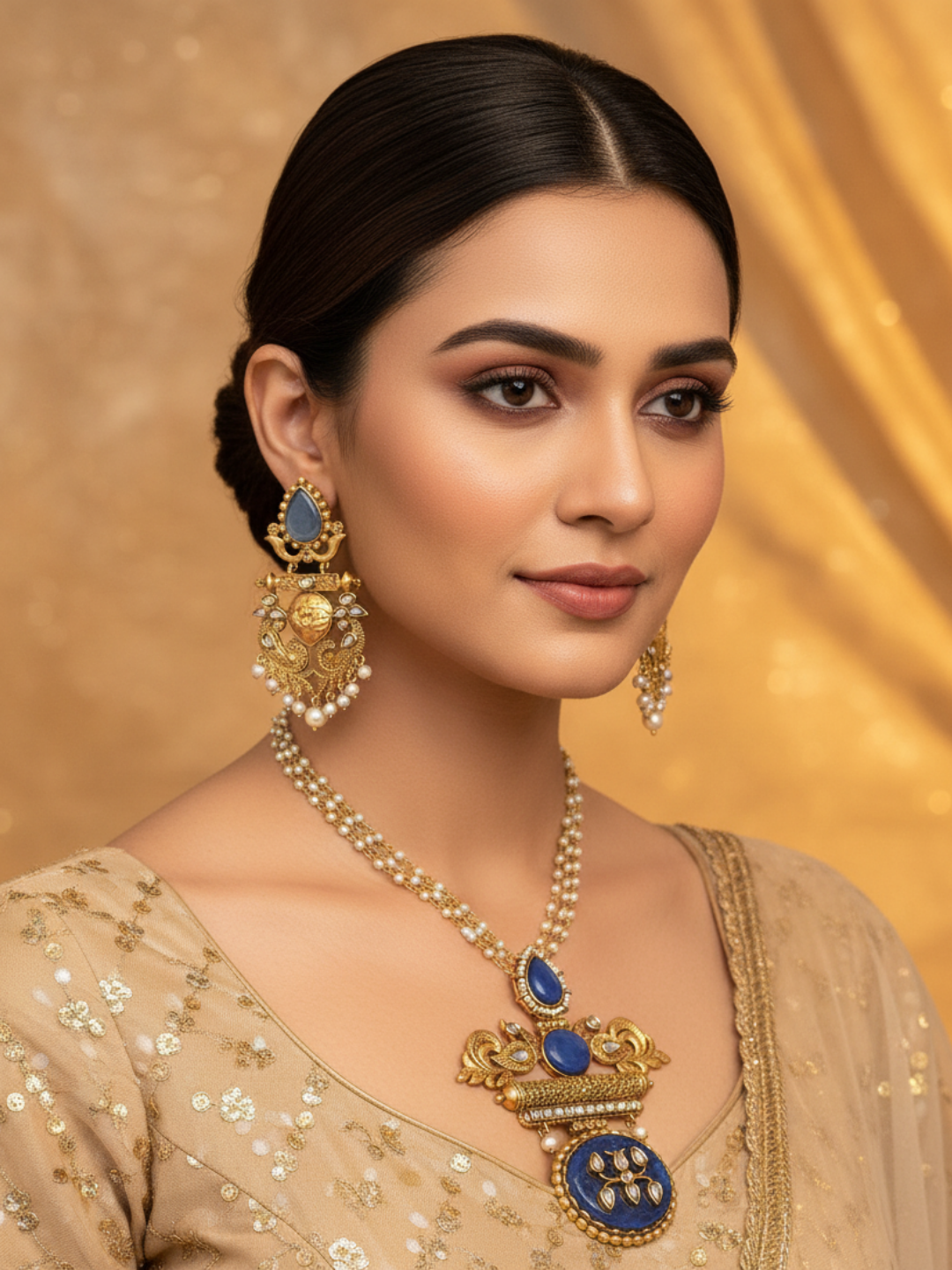 Elegant Antique Gold plated Blue Onyx-Glass Polky Pearl Statement Necklace-Earring Set