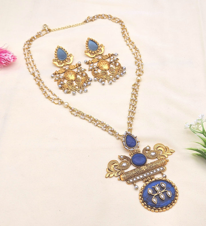 Elegant Antique Gold plated Blue Onyx-Glass Polky Pearl Statement Necklace-Earring Set