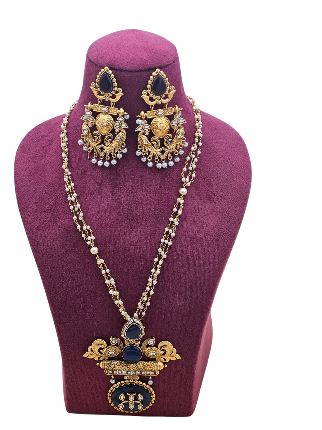 Elegant Antique Gold plated Blue Onyx-Glass Polky Pearl Statement Necklace-Earring Set
