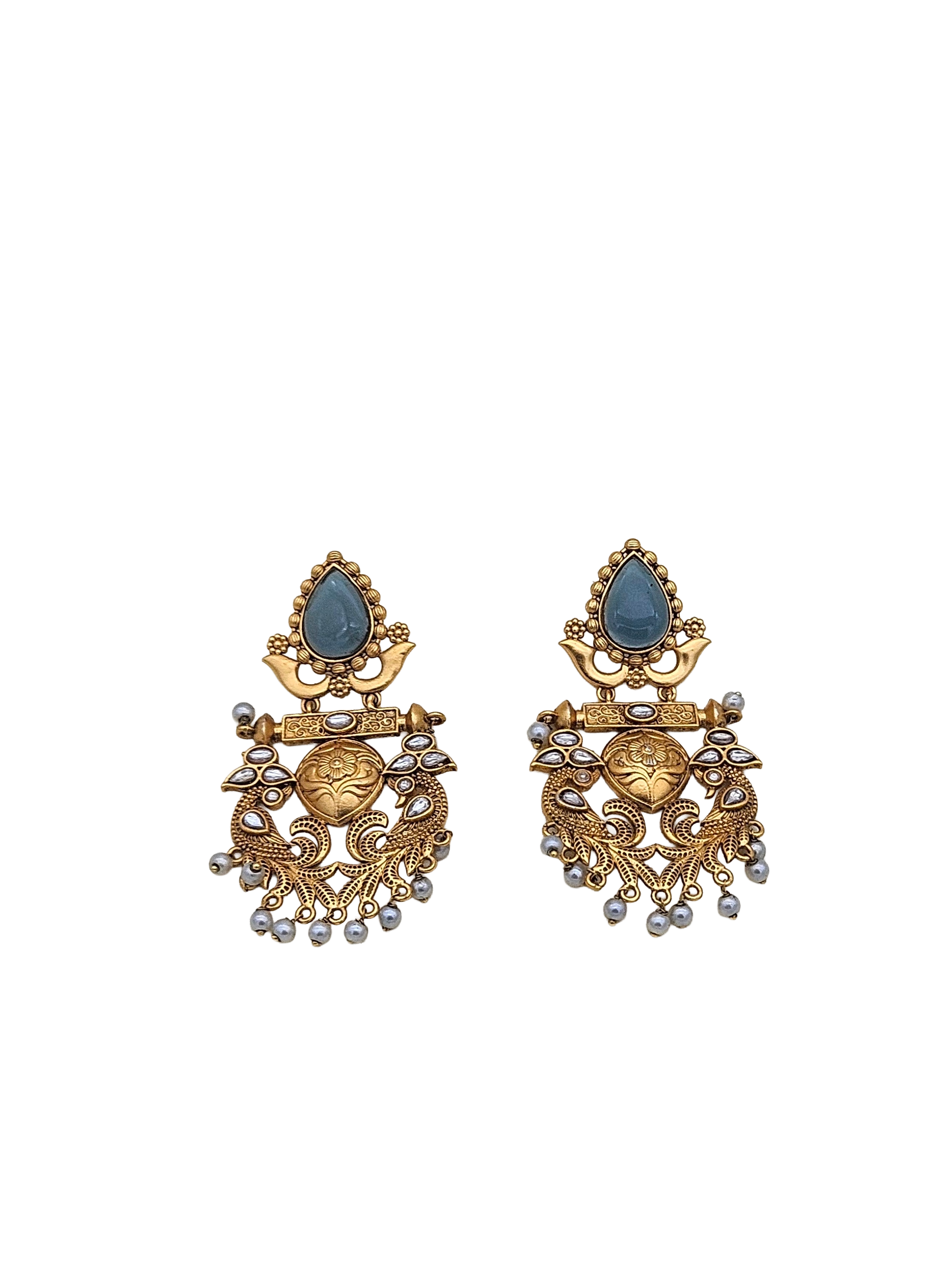 Elegant Antique Gold plated Blue Onyx-Glass Polky Pearl Statement Necklace-Earring Set