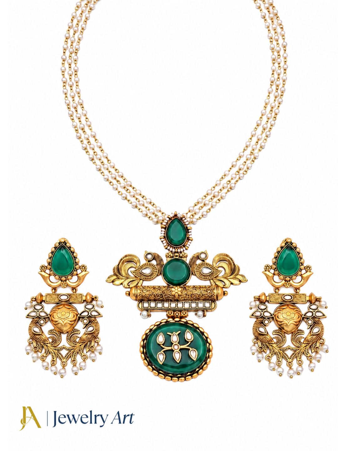 Elegant Antique Gold plated Green Onyx-Glass Polky Pearl Statement Necklace-Earring Set