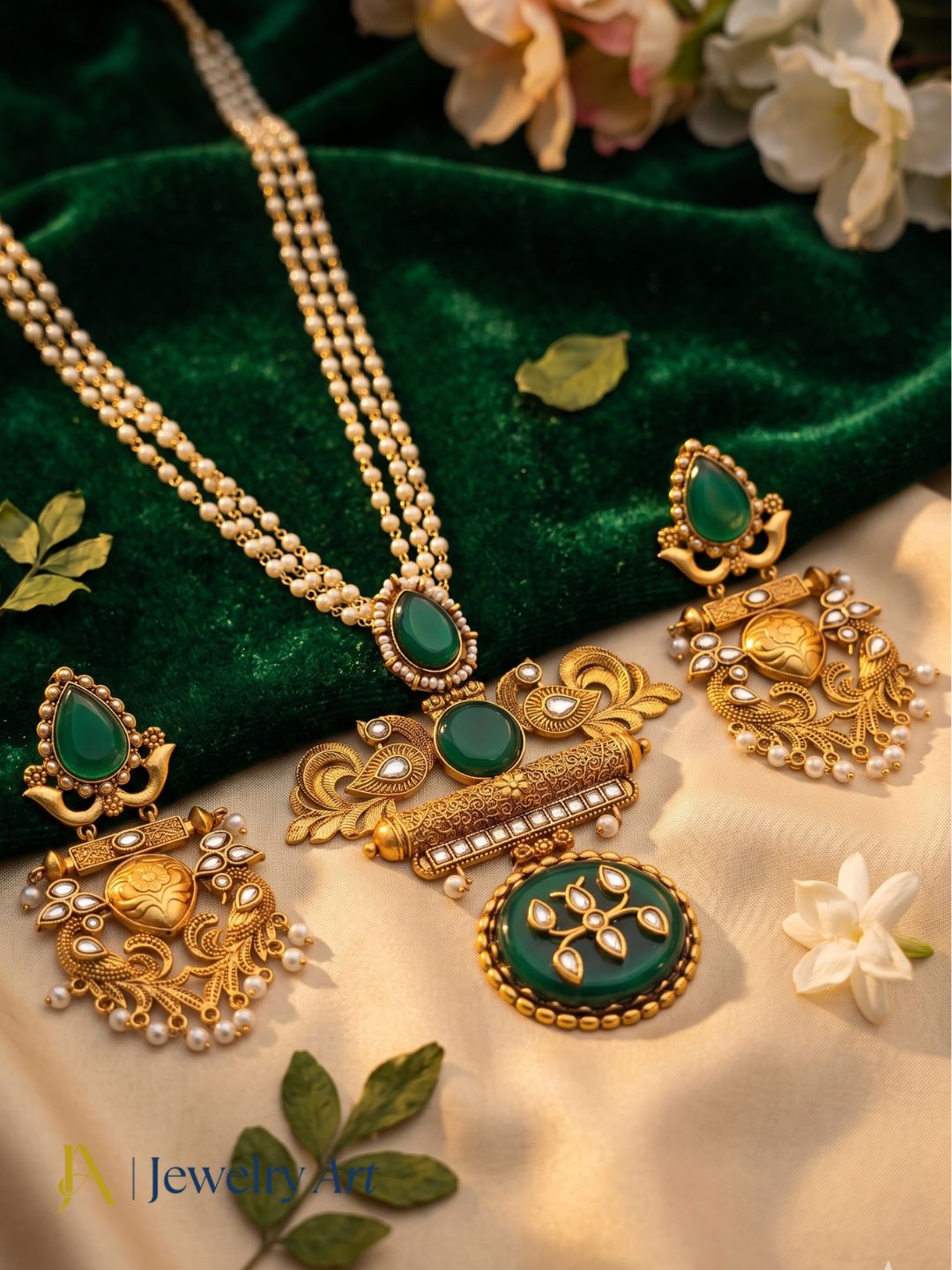 Elegant Antique Gold plated Green Onyx-Glass Polky Pearl Statement Necklace-Earring Set