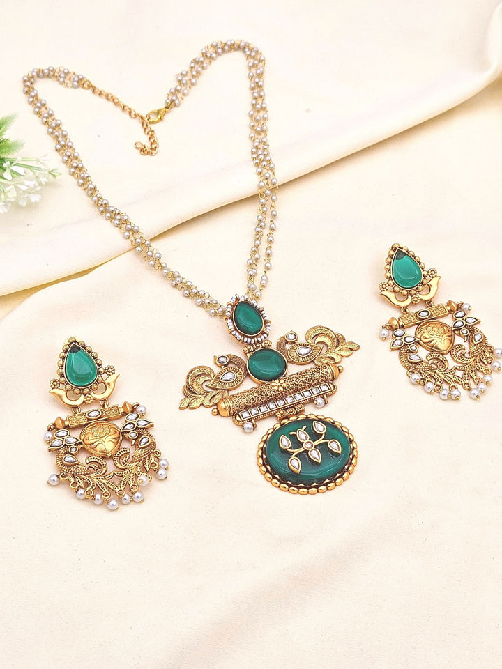 Elegant Antique Gold plated Green Onyx-Glass Polky Pearl Statement Necklace-Earring Set