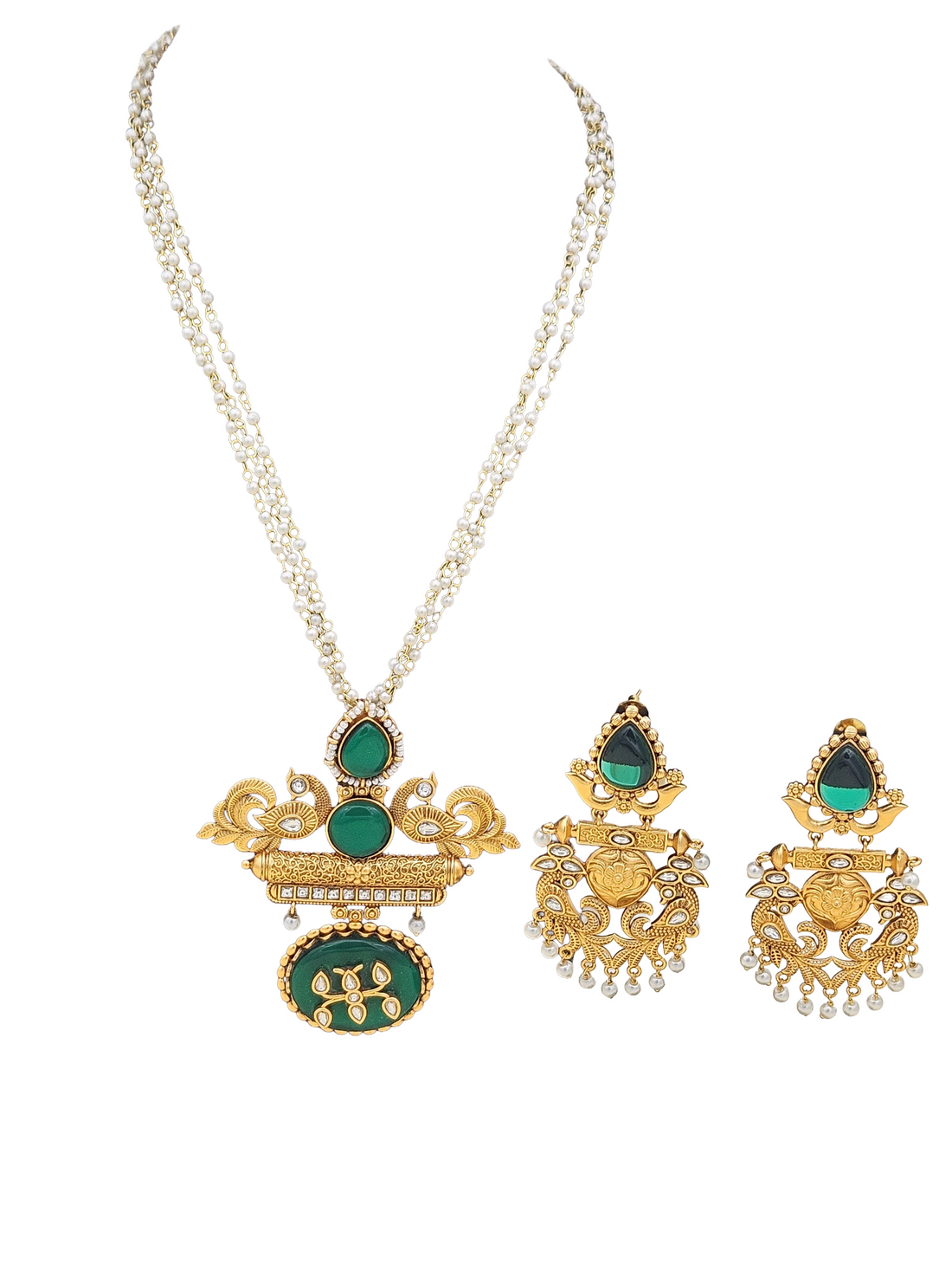 Elegant Antique Gold plated Green Onyx-Glass Polky Pearl Statement Necklace-Earring Set