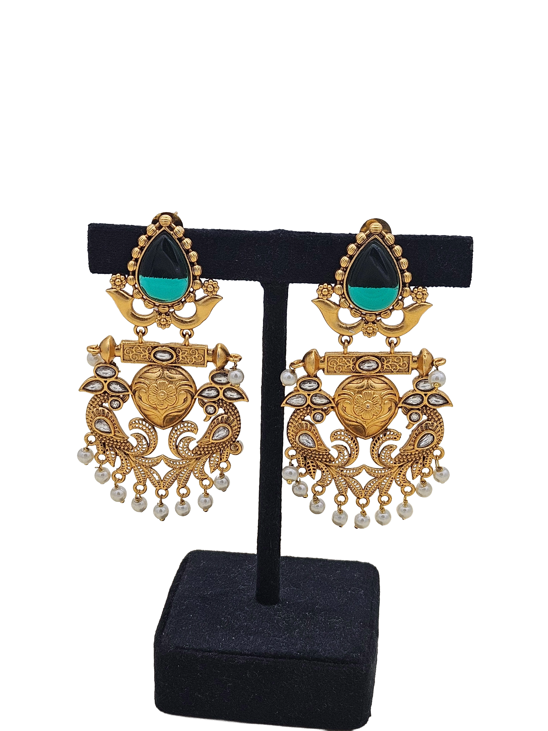 Elegant Antique Gold plated Green Onyx-Glass Polky Pearl Statement Necklace-Earring Set